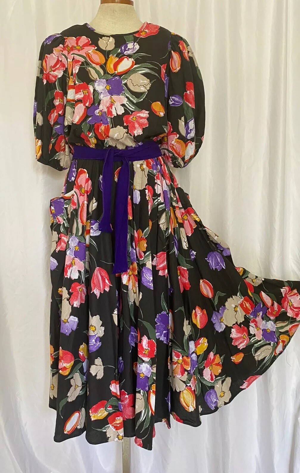 S G Gilbert Floral Dress 90’s Puffed Sleeves Romantic Full Skirt Spring Summer 6