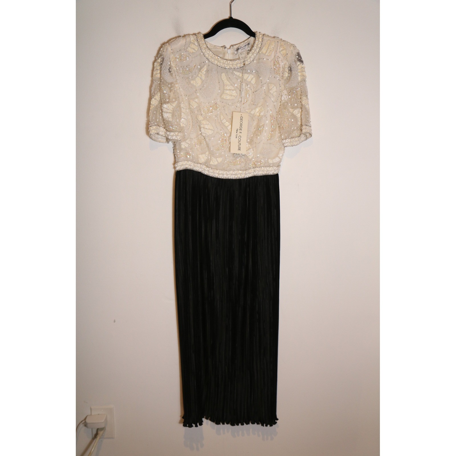 Vintage George F Couture Deadstock 80s 90s Beaded Plisse Pleated Silk Gown 6
