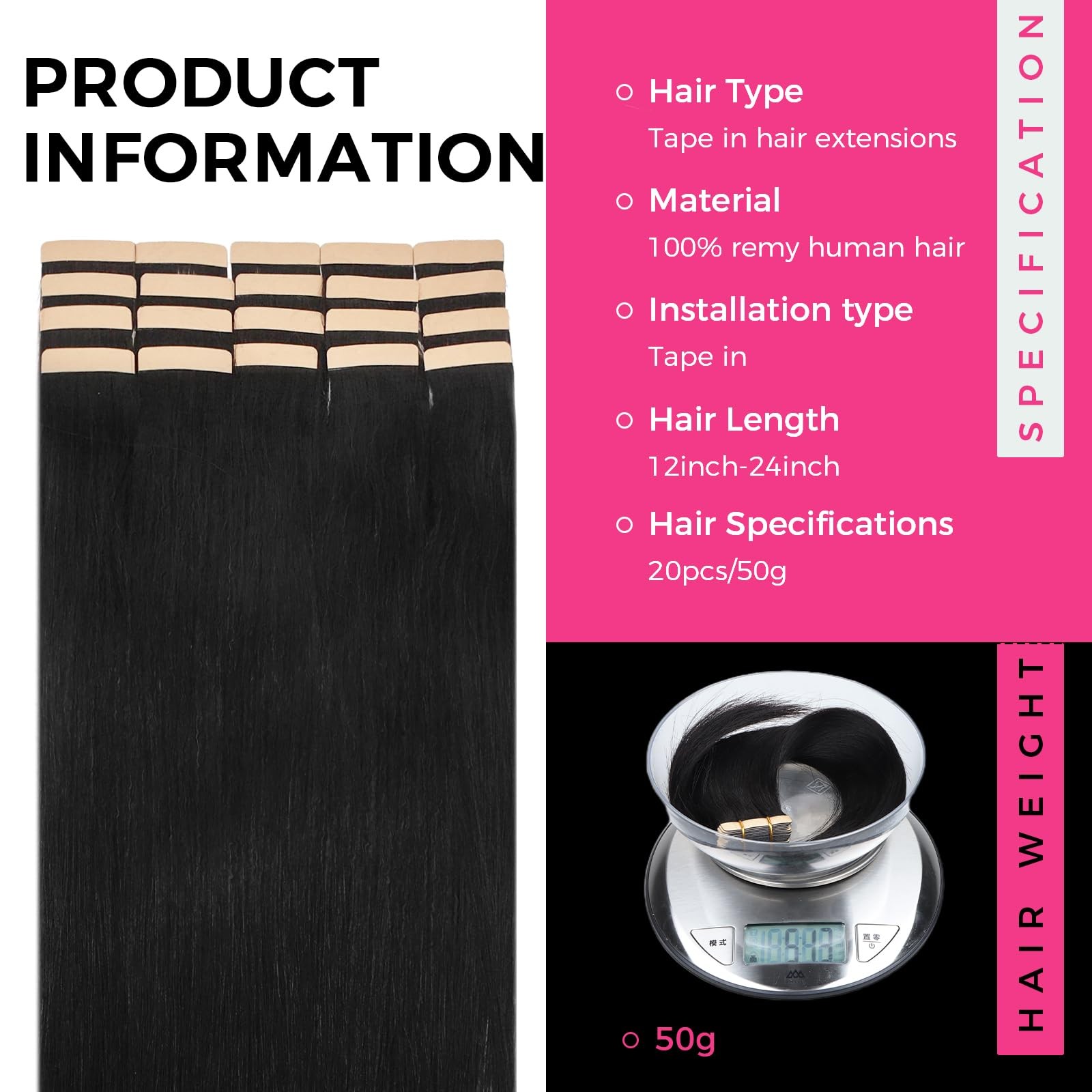 Lashey Tape in Hair Extensions Yaki Straight 20pcs 50g Soft Invisible Tape ins 1