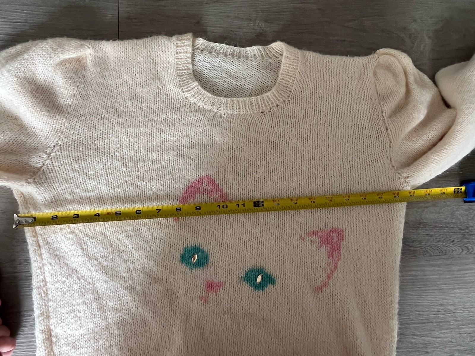 Vtg 80s Mohair Blend Knit Cat Sweater Cream Pink Teal Puffy Sleeve Kawaii Sz L