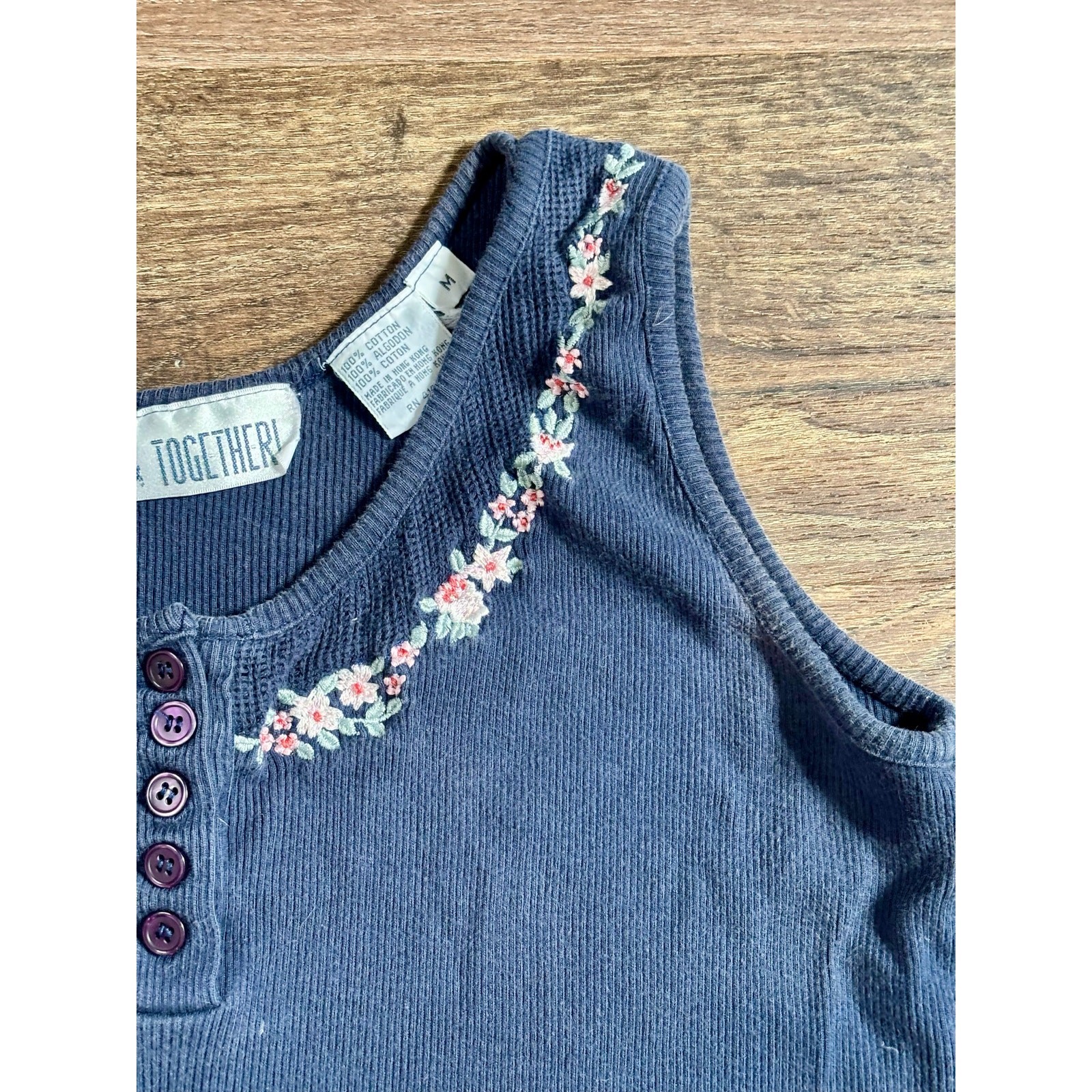 Vintage 1990s Together! Navy Blue Tank Top Floral Embroidery Cotton Medium