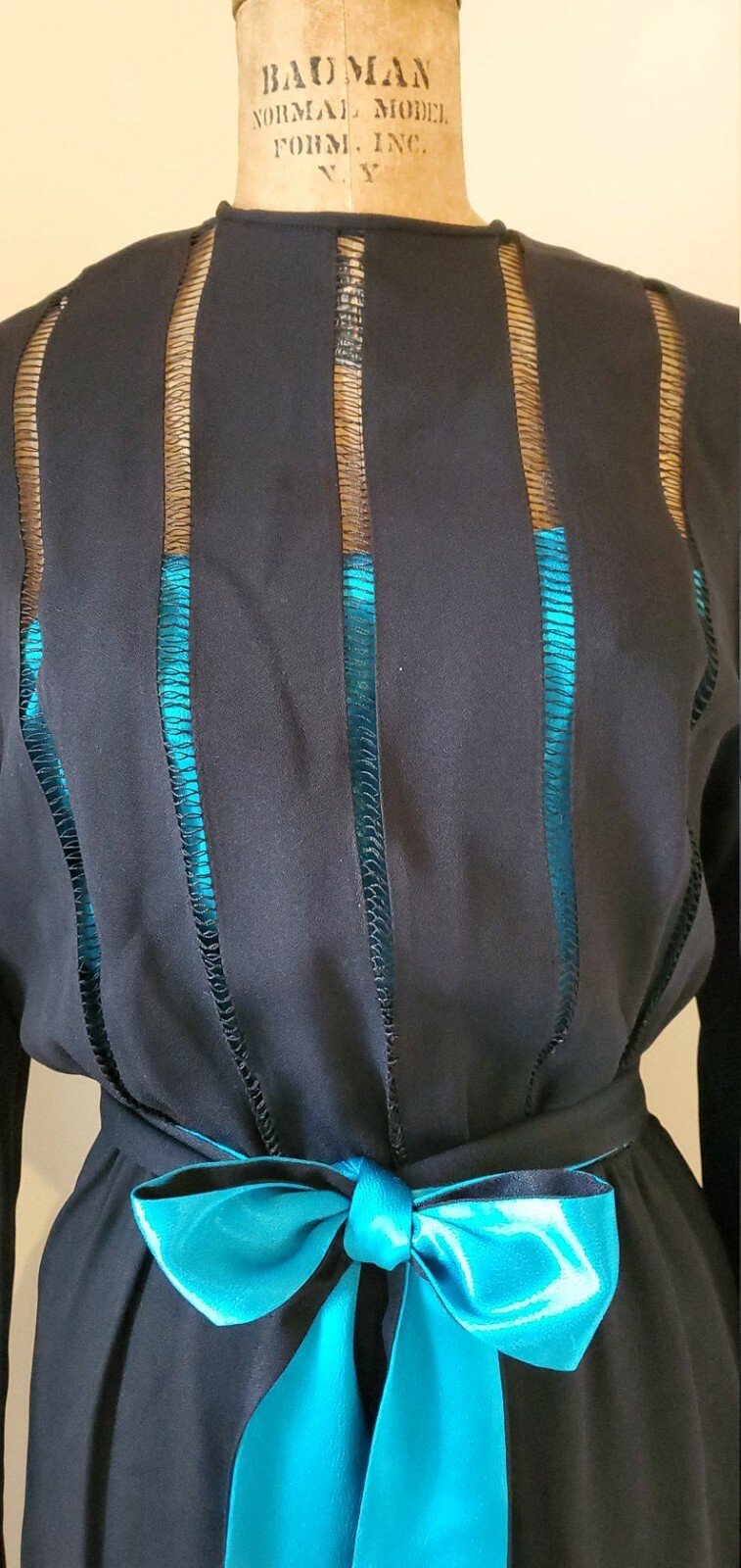 Vintage 1970’s Dress 70’s David Morris Black Teal Blue Dress ILGWU