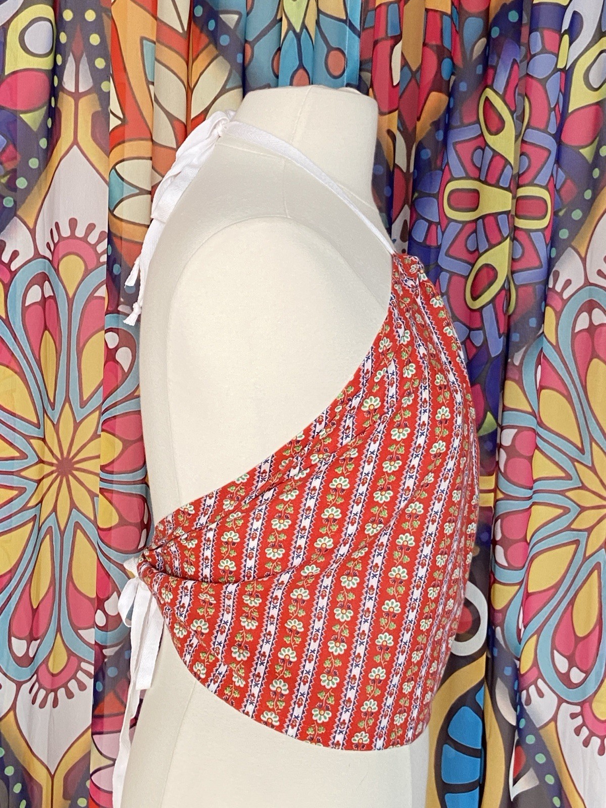 Vintage Cotton Red White Blue Folk Peasant Print Festival Hippy Halter Top M/L