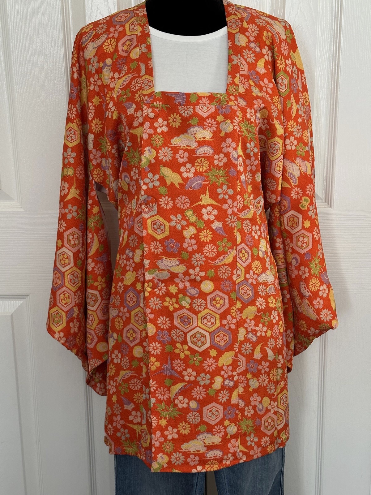Silk Kimono-Cardigan, VINTAGE Kimono coat orange pure silk lRetro Taisho Roman