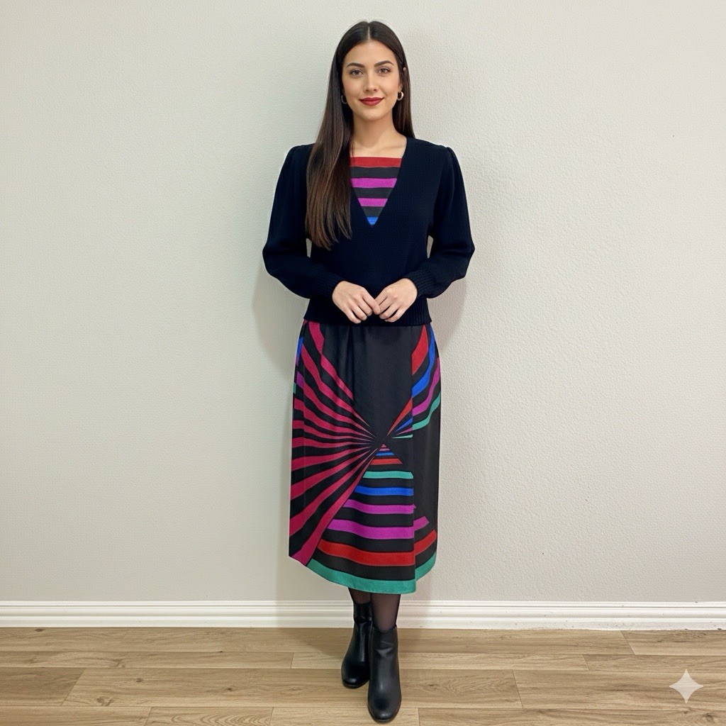 Vintage Anthony Sicari 2pc Set Black Pink Neon Striped Sweater Skirt Size 6 USA