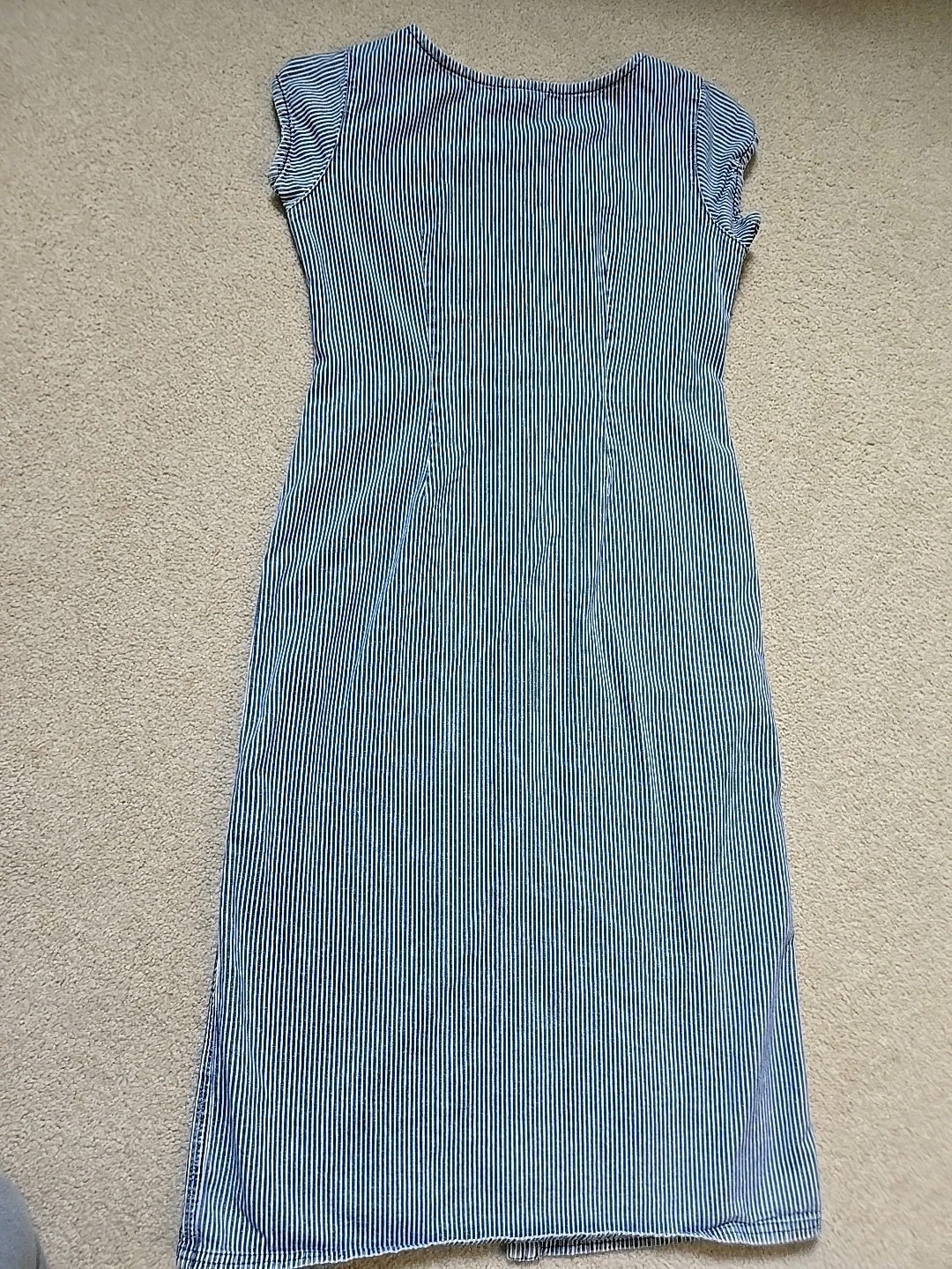 Isabella Bird Anthro denim midi dress 8 blue white stripe short cap sleeve