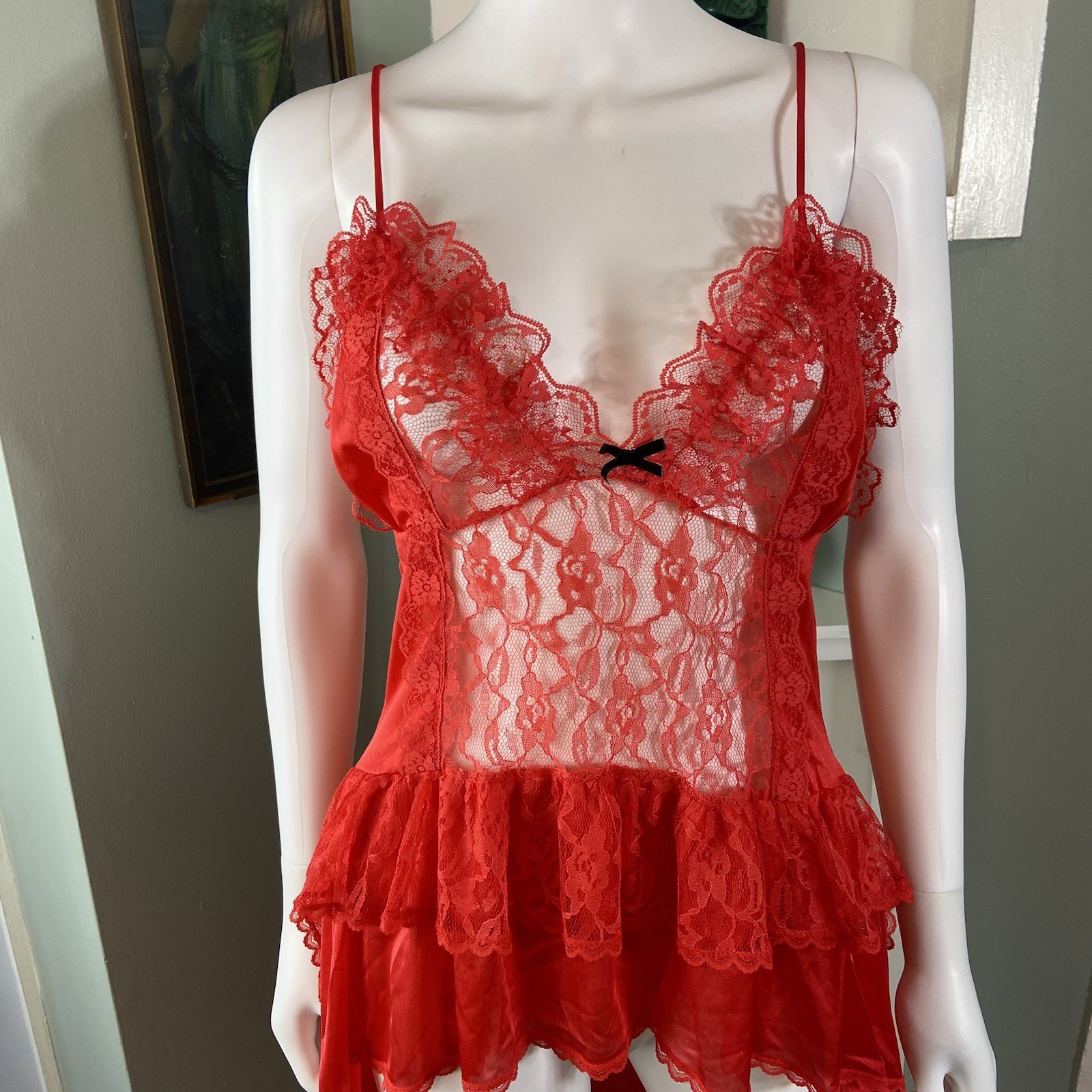 Vintage 80s Stroke of Midnight Sheer Lace Nylon High-Low Negligee Lingerie Large