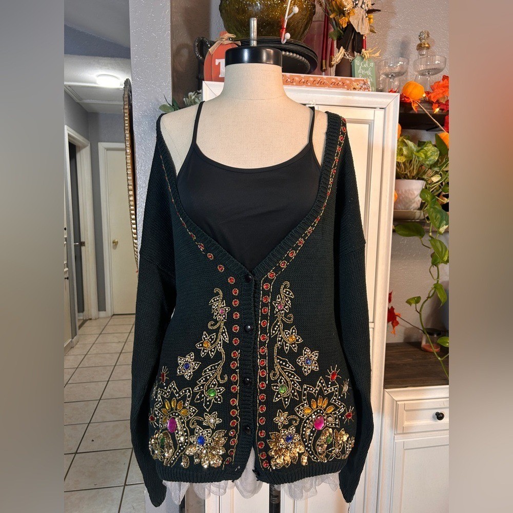 Vintage Black Beaded Sequin Gemstone Floral Cardigan Sweater Large Holiday