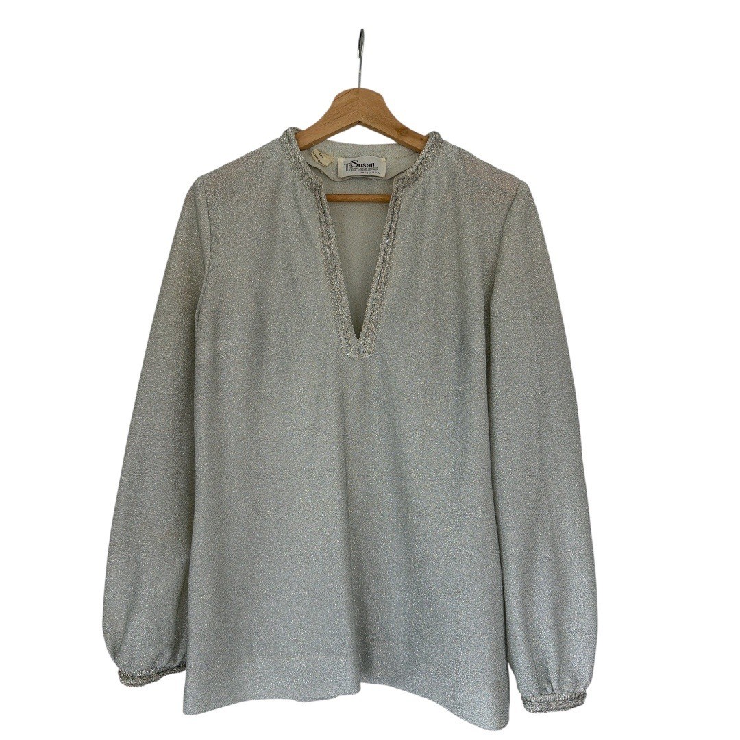Vintage 60s 70s Retro Glam Silver Metallic Knit Tunic Top Mod Disco Blouse