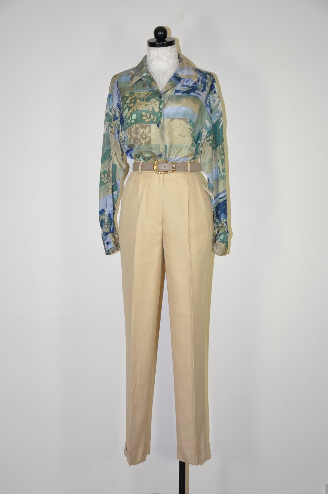 90s Vintage Green Silk Botanical Floral Print Oversized Shirt Blouse Top Women M