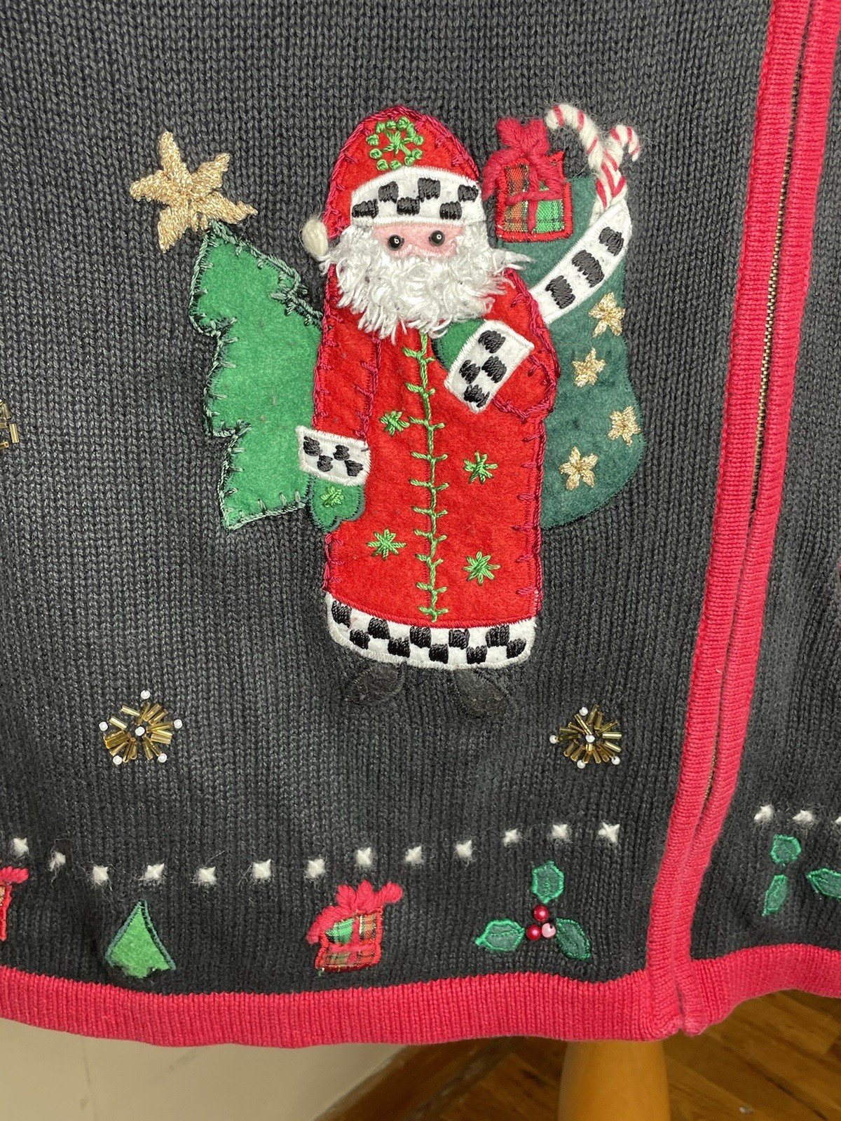 Vintage Christmas Sweater Jacket 1X Santa Embroidered Zip Cardigan Holiday Folk