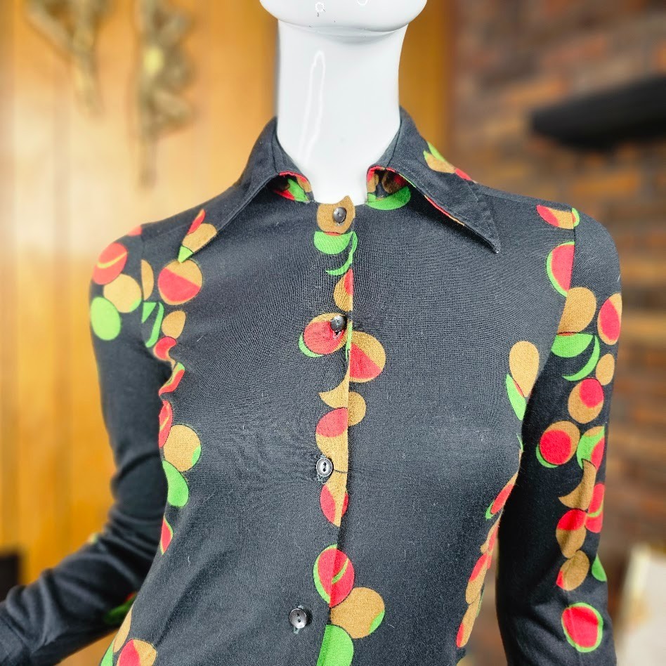 Vtg 70s Diane von Furstenberg Italy Martini Olive Graphic Button Up Dress XS/S