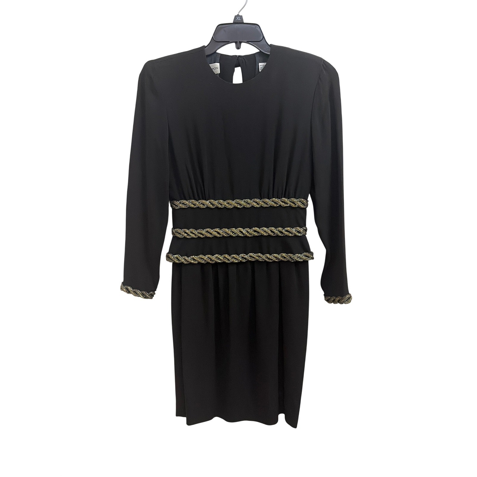 Albert Nipon Dress Vintage 80s Cocktail Womens 6 Black Gold Metallic Trim Sheath