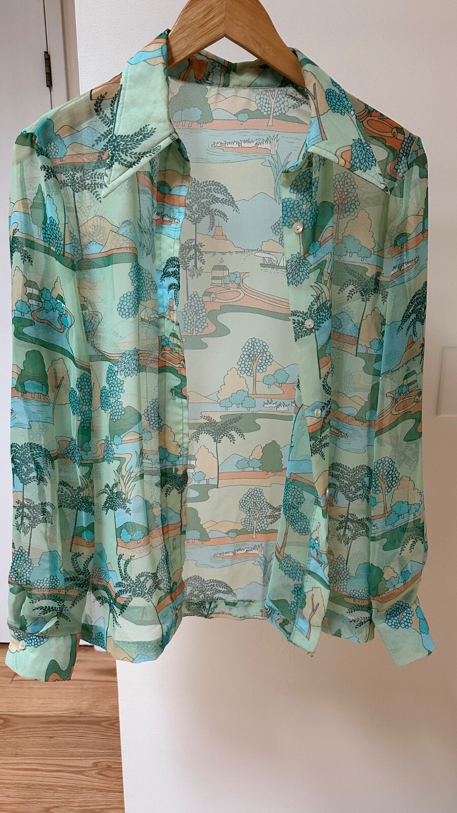 Sheer Button Down Shirt Aqua Dreamy Print Elegant Leisure Translucent Retro (M)