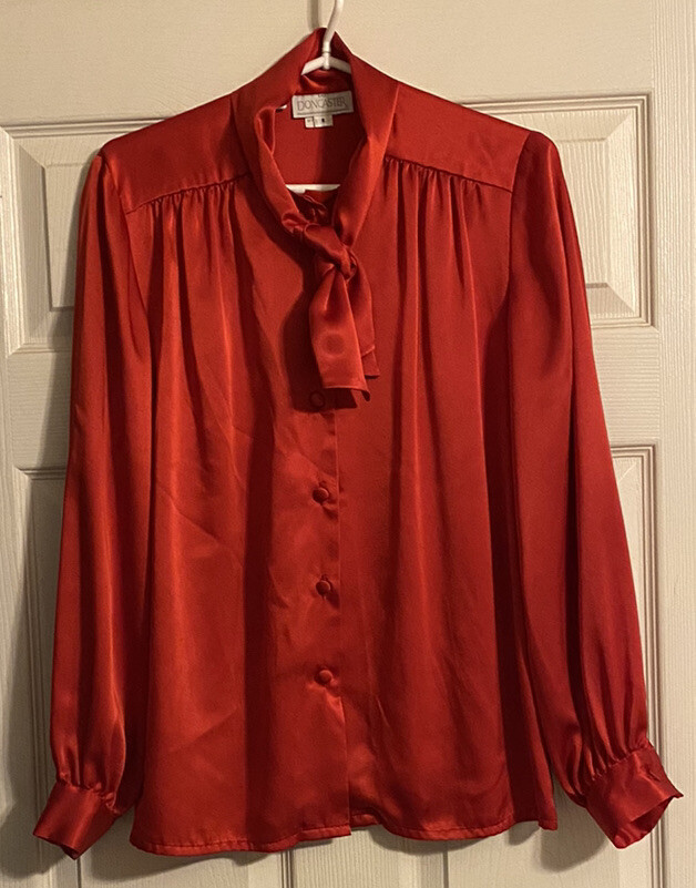 Doncaster Women’s Vintage Red Button Down Blouse With Neck Tie. Made in USA.