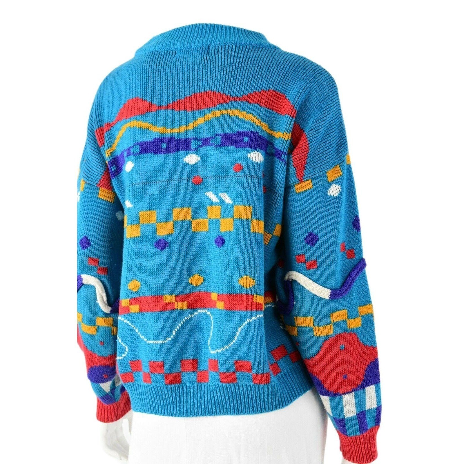 80s Vintage Graphic Oversized Sweatshirt Womens L Blue Novelty 3D Squiggle Knit