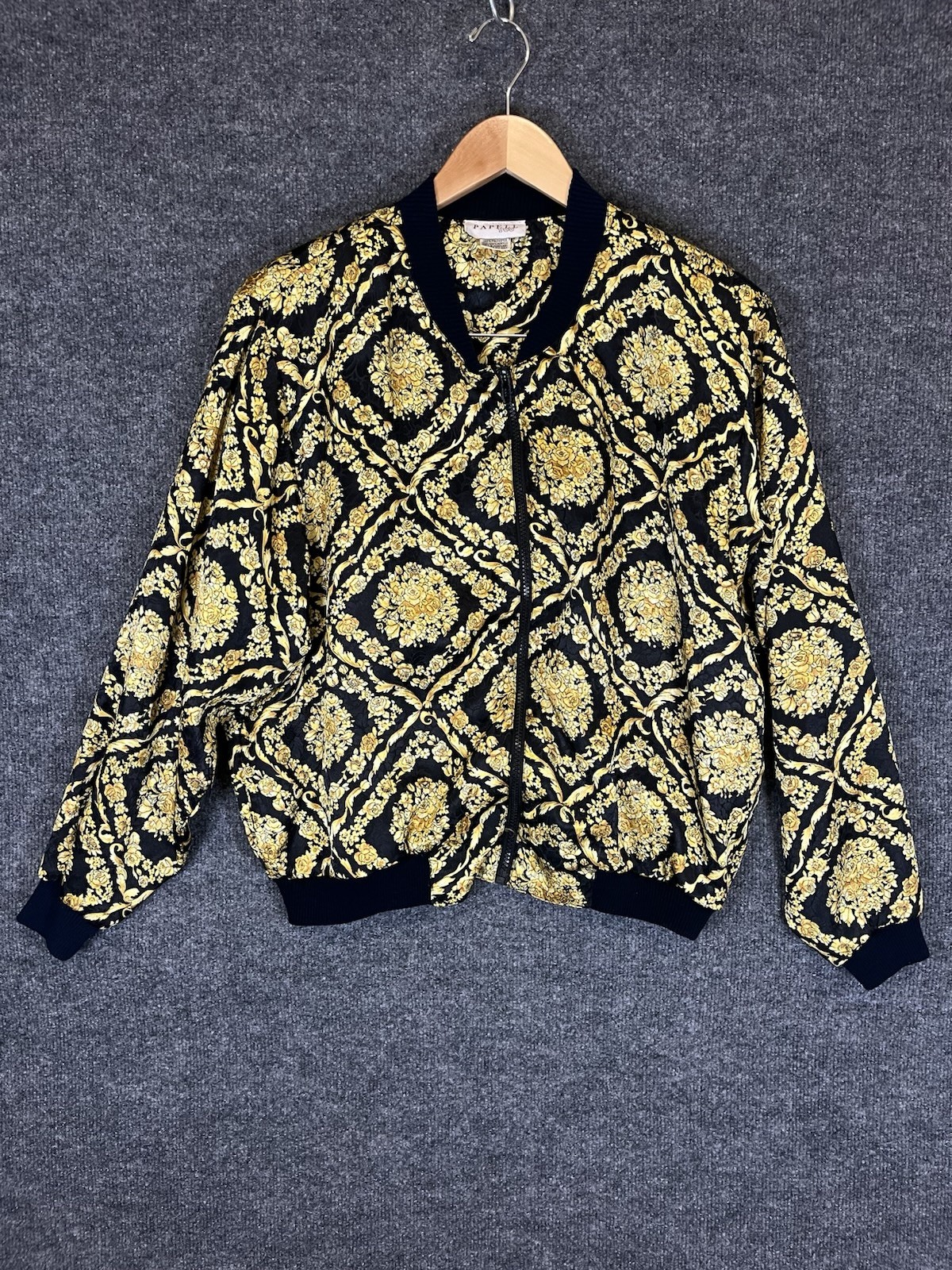 Vintage 80s 90s Papell Too Baroque Gold Floral Bomber Jacket Padded Shoulders