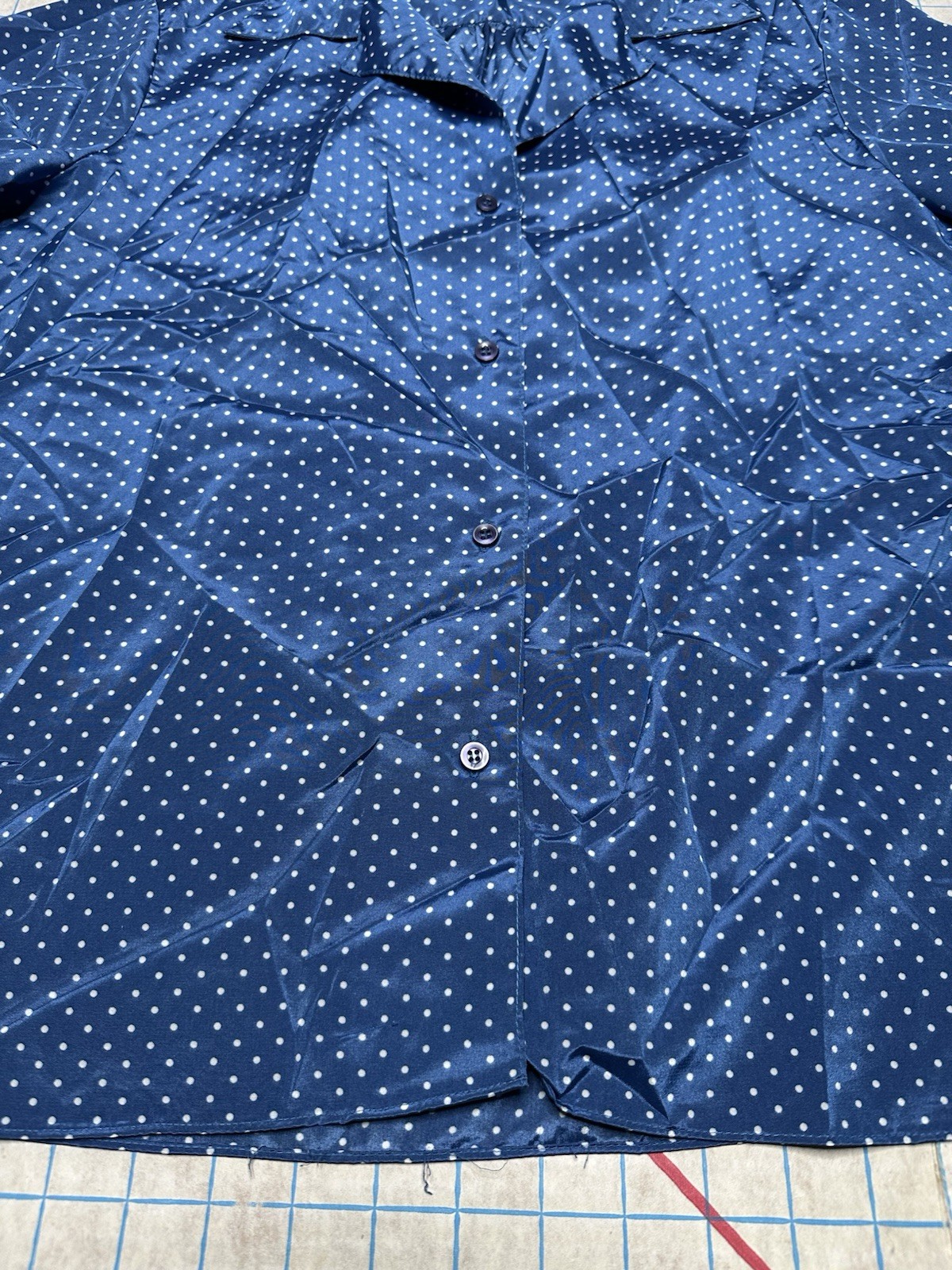 Vintage Lady Manhattan 70s Polka Dot White Blue Button Up Collared Blouse Pin Up