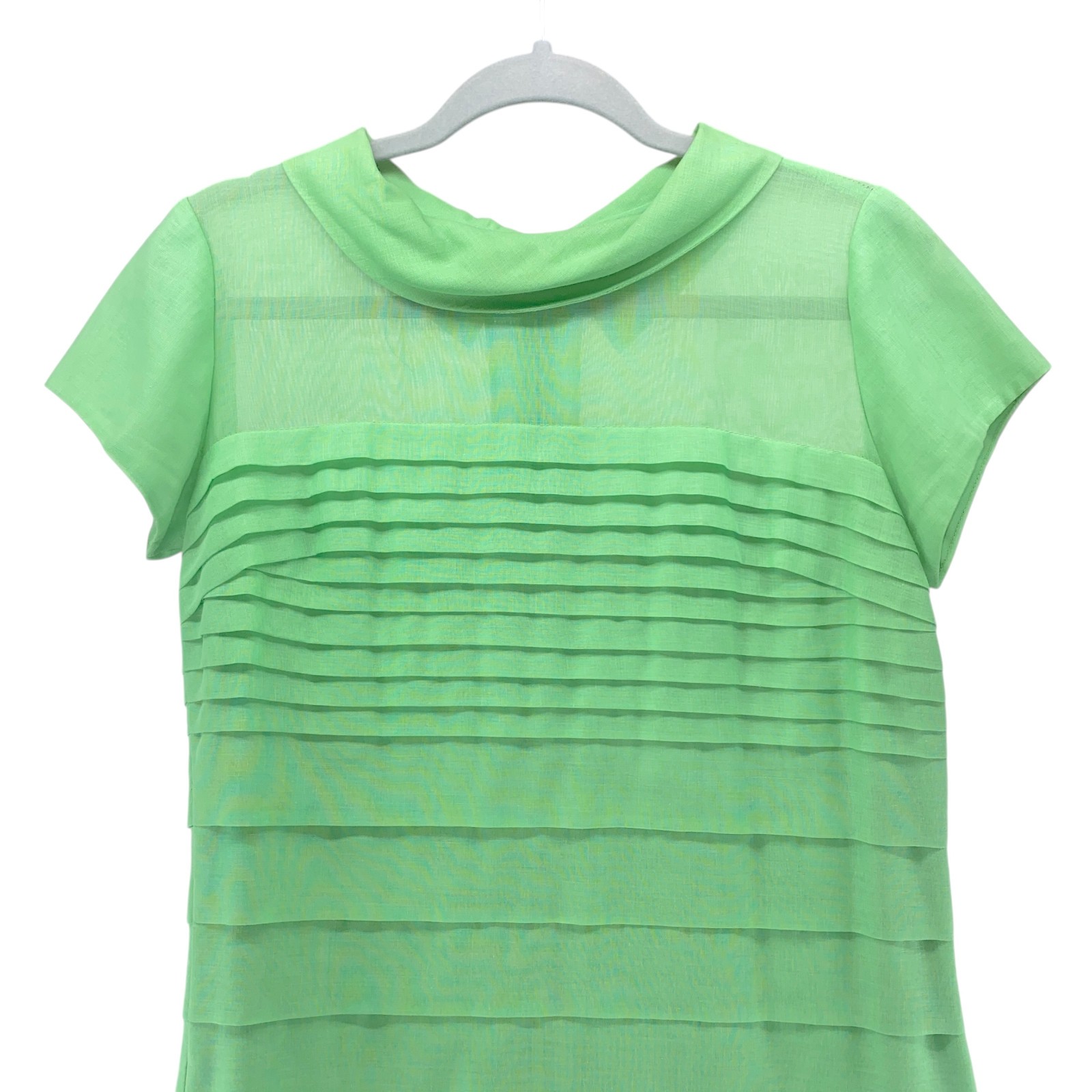 Vintage Leslie Fay Dress Medium Mint Green Pleated Cowl Neck Back Button Shift