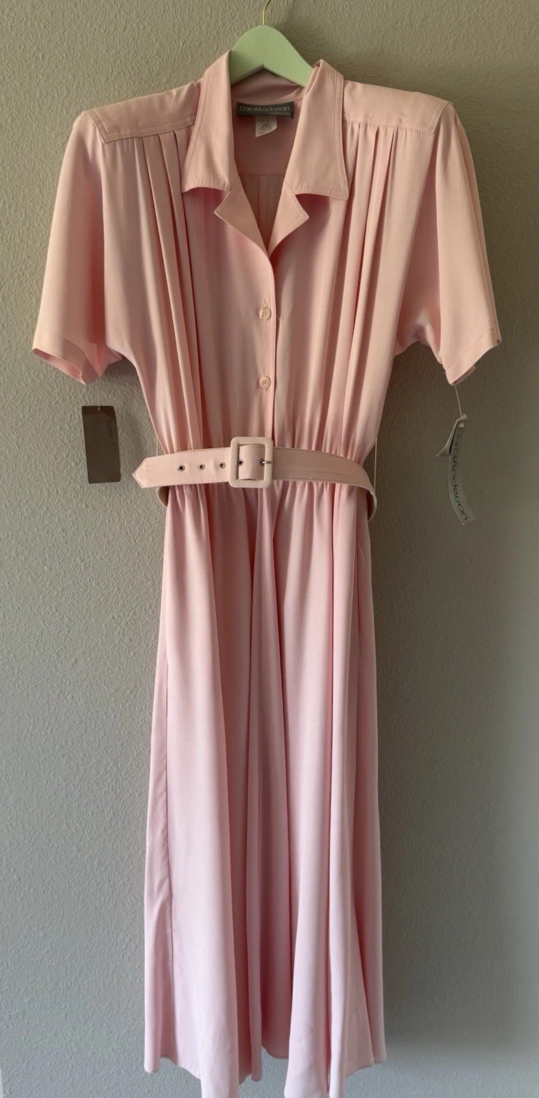 Vintage 80s Carol Anderson Dress Pink Belted Midi NWT Size 8 Power Shoulder USA