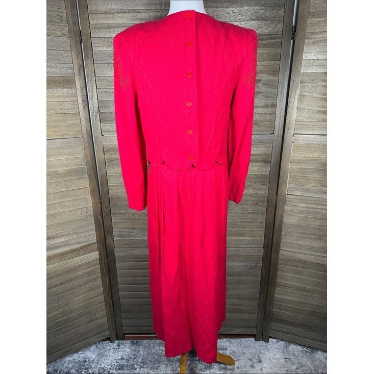 Plaza South Red Beaded Embroidered Vtg Maxi Dress Womens 10 Formal Long Sleeve