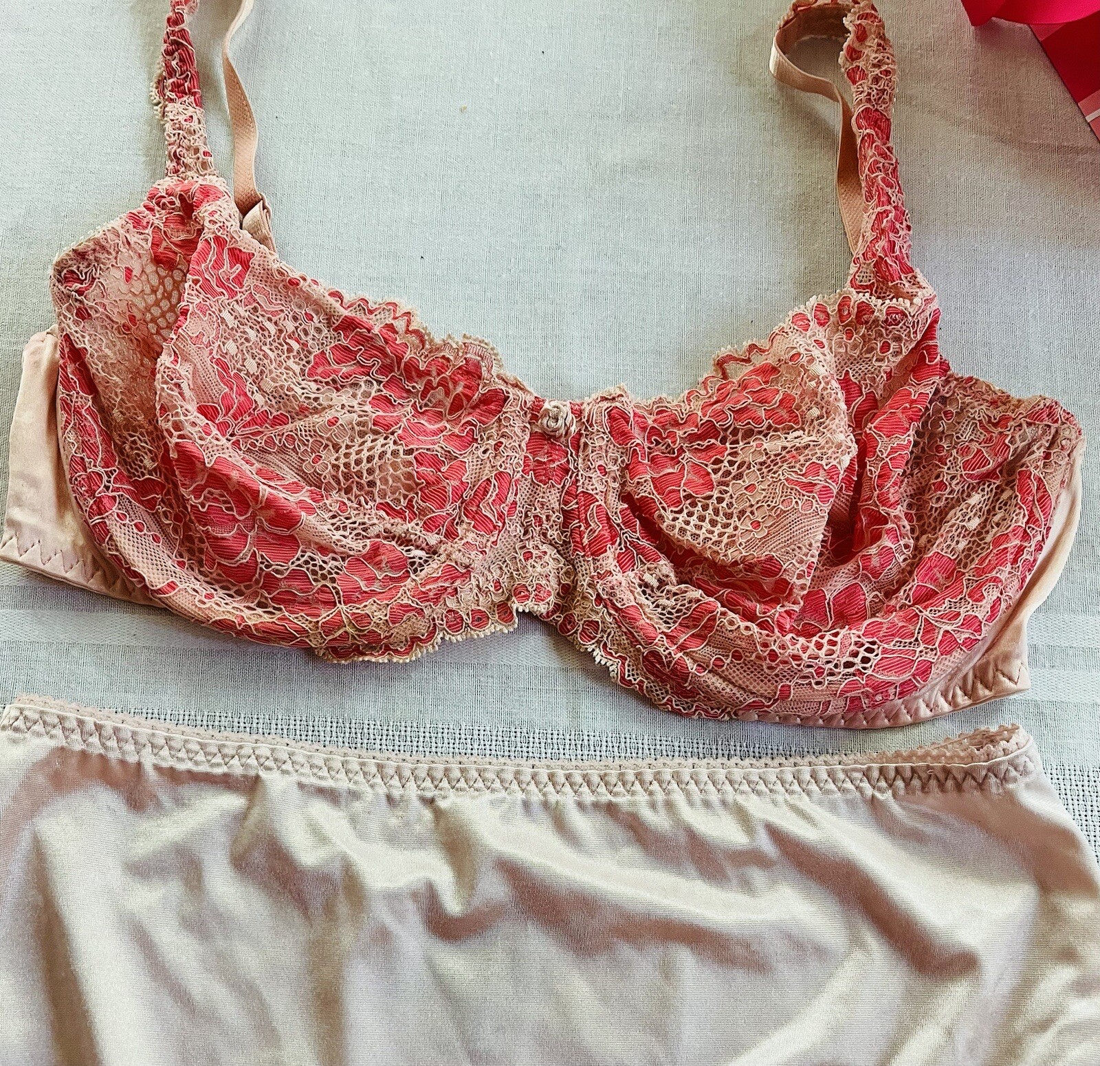 Set Vtg Victorias Secret Bra 2nd SATIN Lace Pink Coral 38C Vanity Fair Panty XL