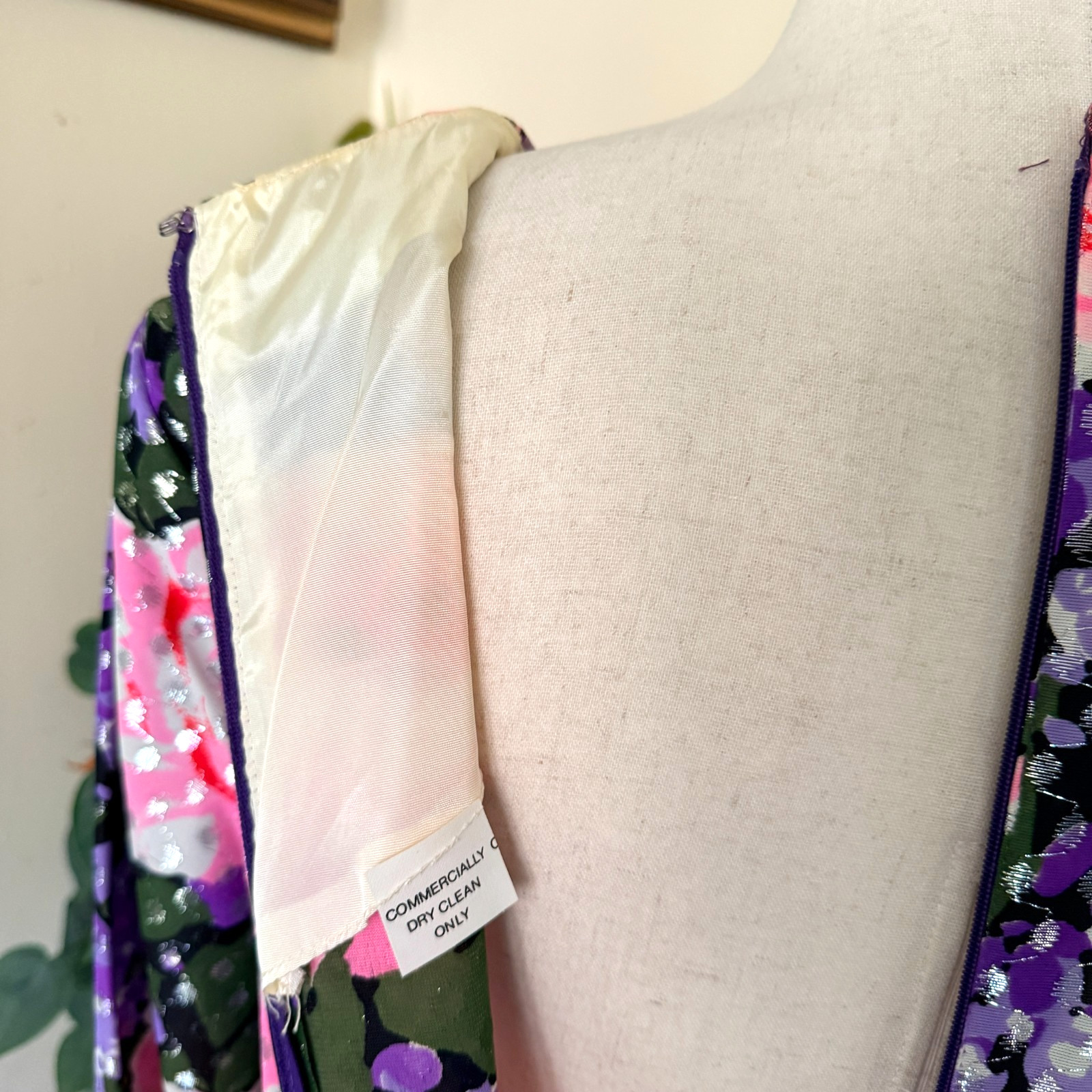 Vintage Purple Floral Hostess Gown Empire Waist Maxi Dress Silver Lurex Dots