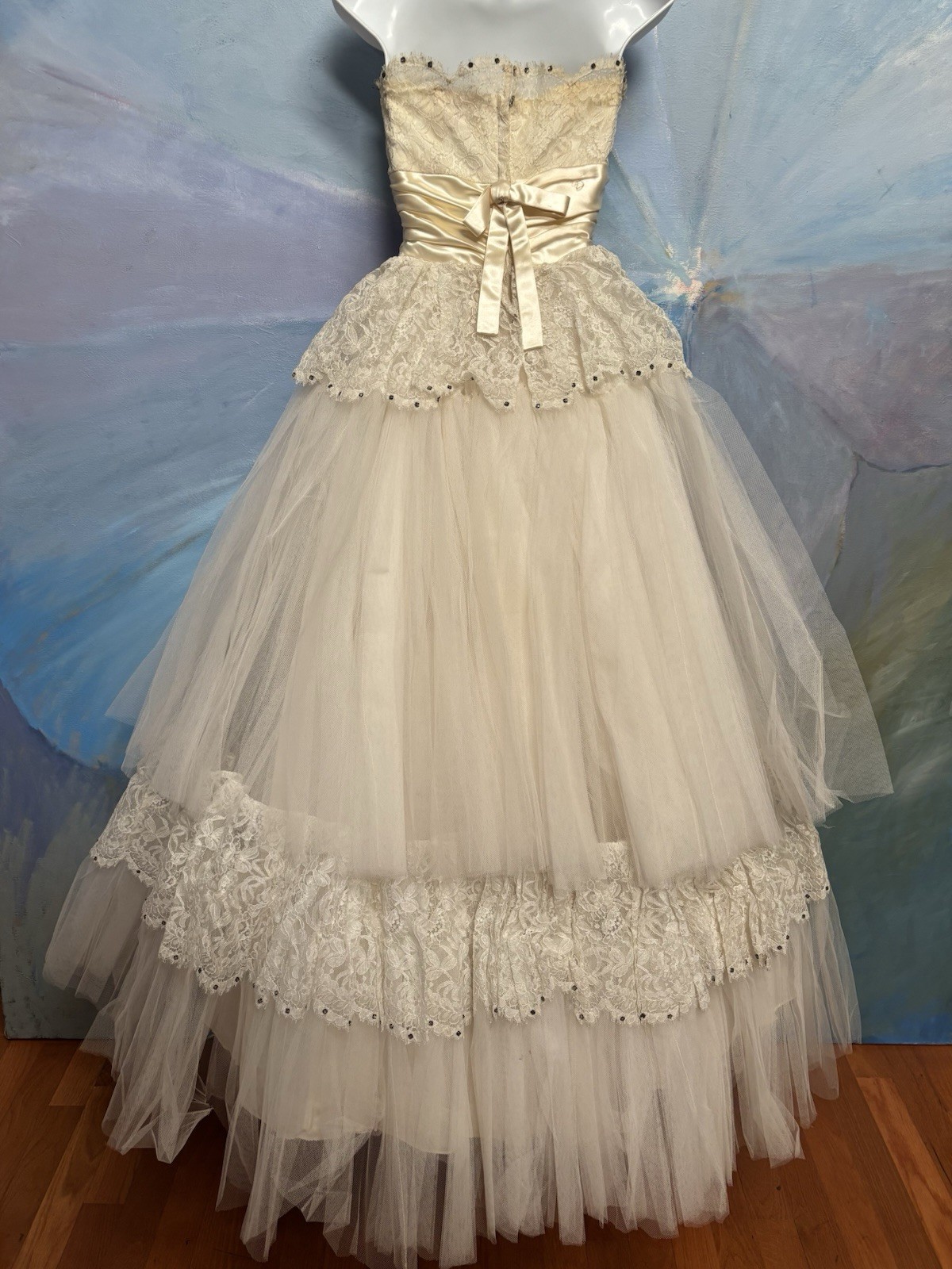 Vtg 1950s Ivory Lace Tulle Bridal Prom Dress Wedding Gown Petticoat Rhinestones
