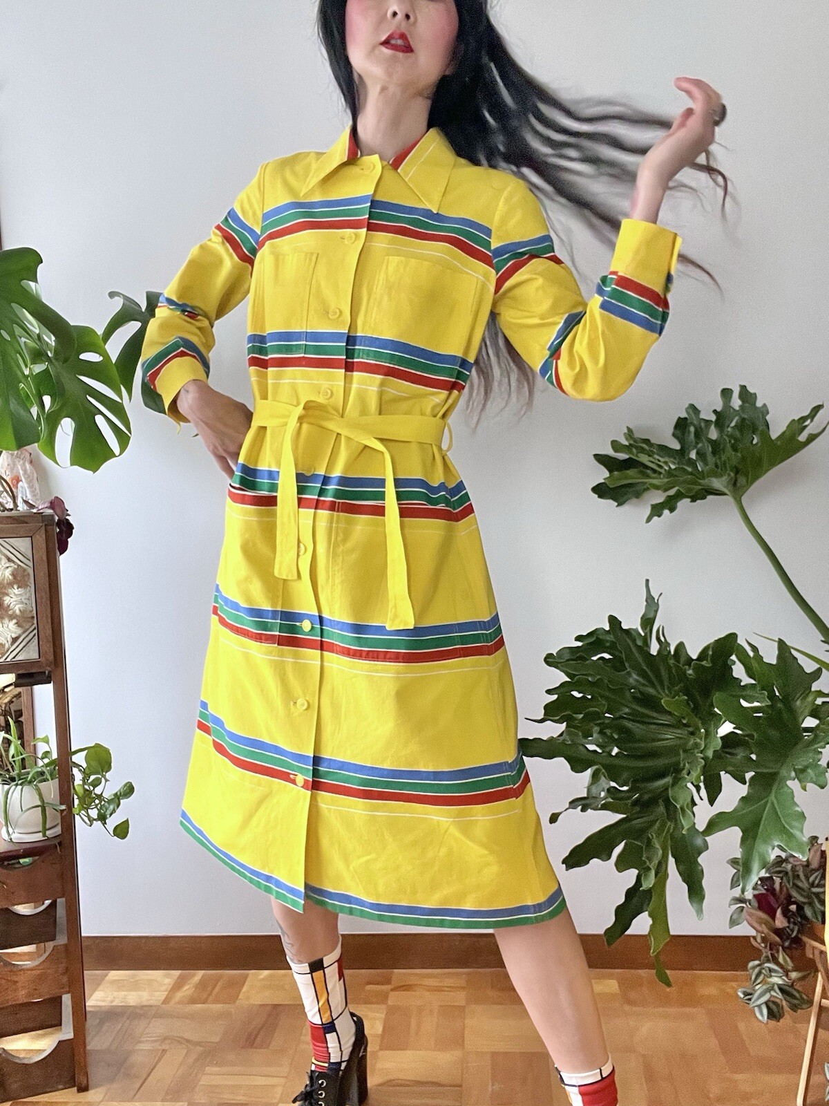 1974 Marimekko Anti by Pentti Rinta Primary Colors Stripe Dress S/M MOD Pop Art