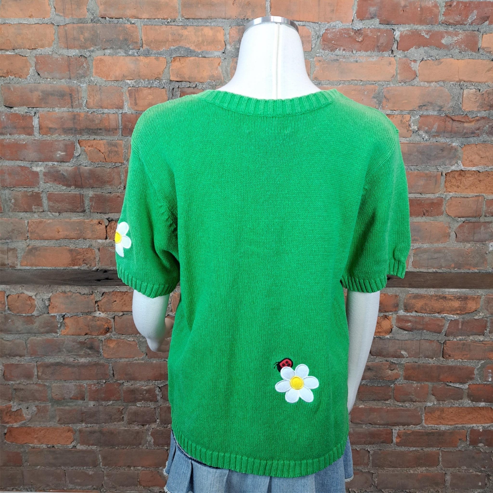 Vintage Sweater Cardigan Green Short Sleeves Lady Bug Daisy Size XL