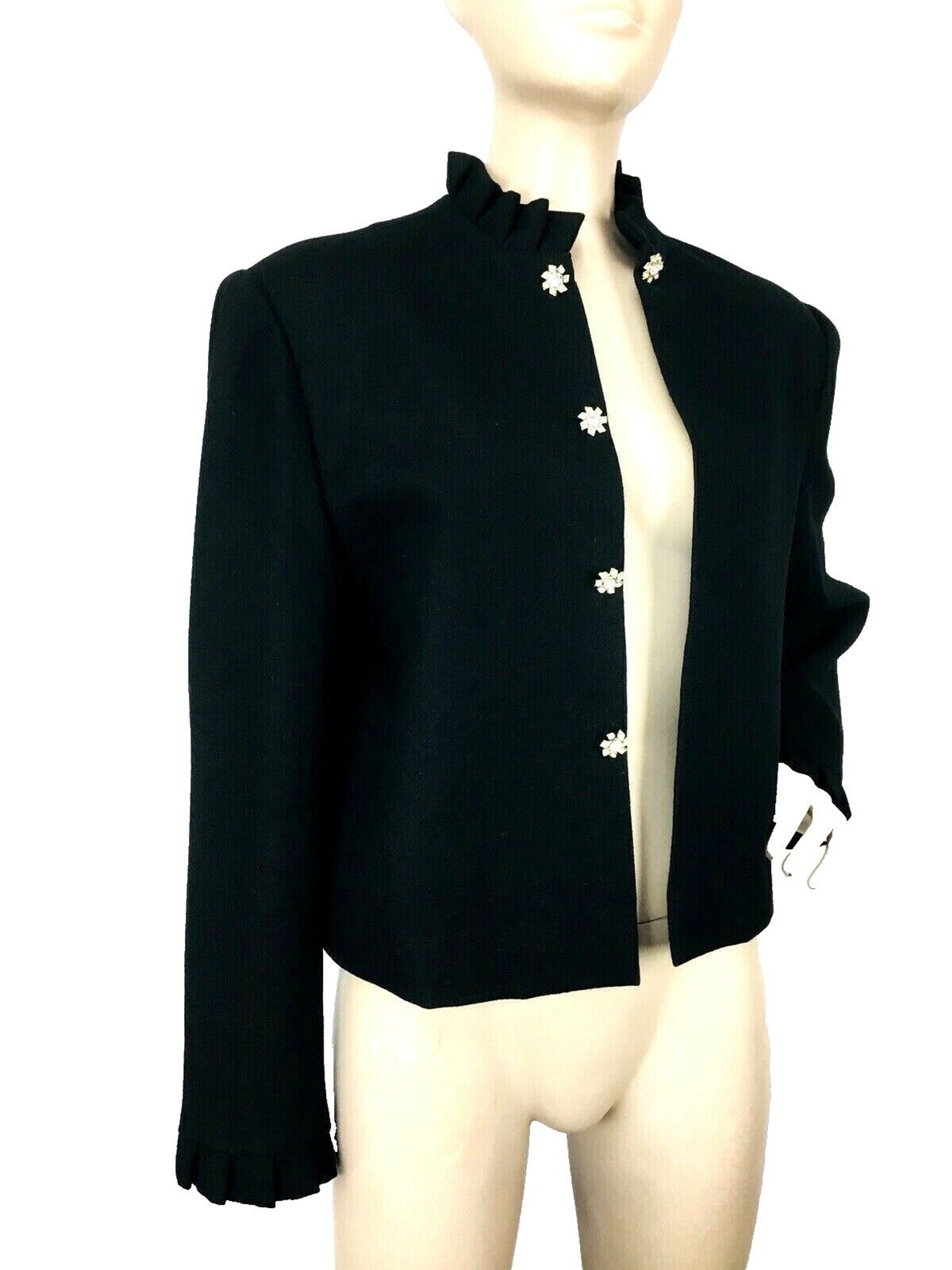 Vintage 70s C’est Simone Black Wool Jacket Rhinestone Detail Ruffled Neck Cuffs