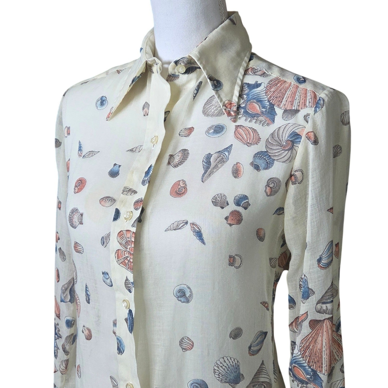 Vintage Harbinger Ltd Seashell Print Button Down Top Cream Coastal Nautical 10