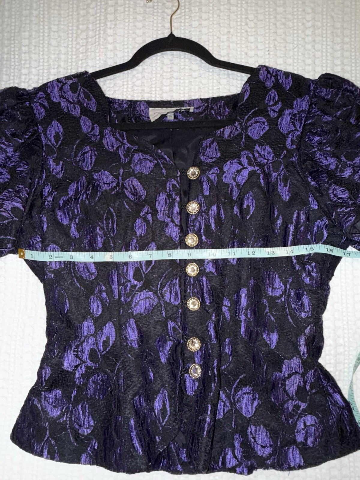 Roots Of London Vintage 80s Glam Puff Sleeve Glitter Top Purple buttons 10