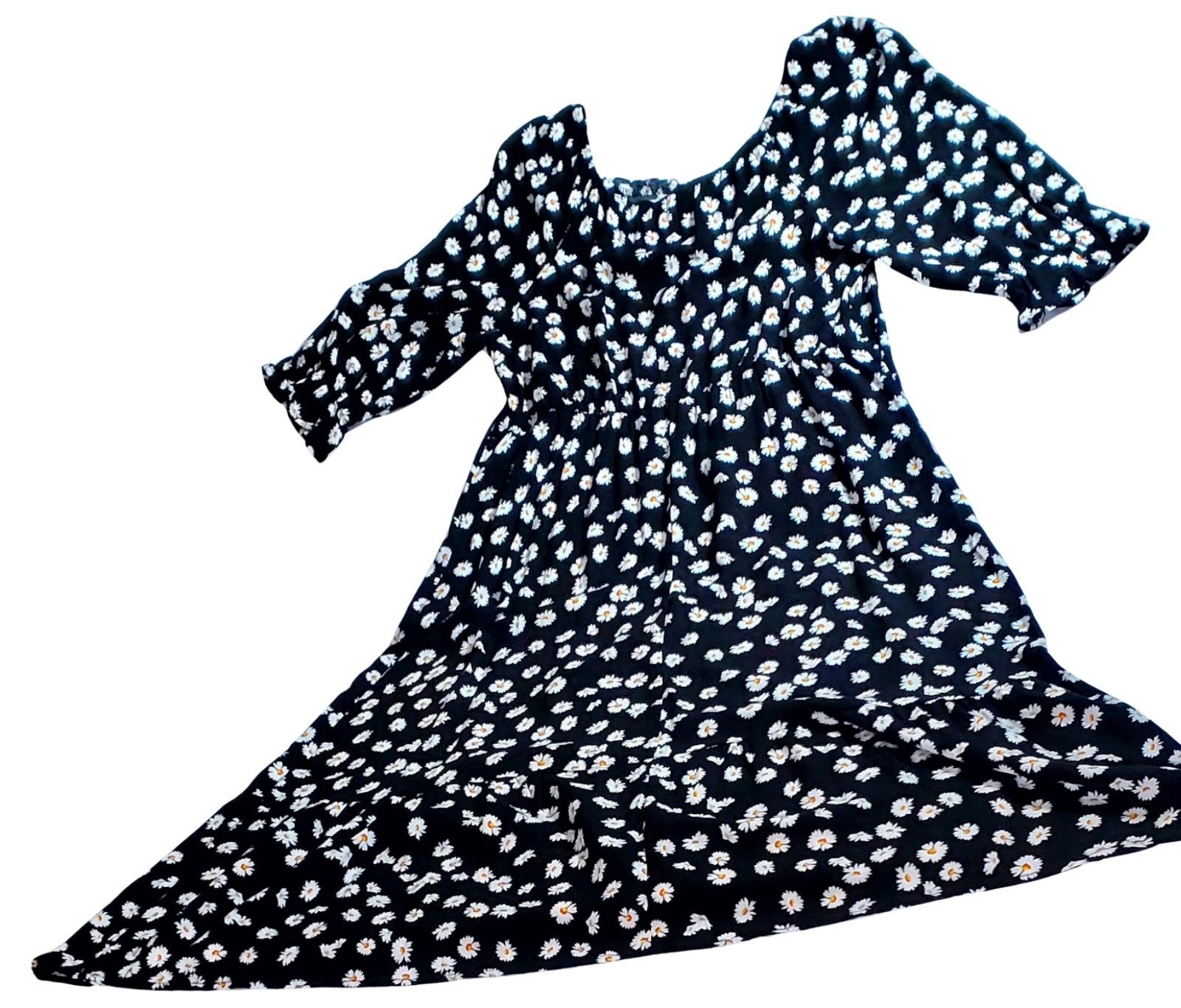 Mlle Gabrielle Women’s 1X Black Daisy Floral Ruched Midi Dress Puff Sleeves