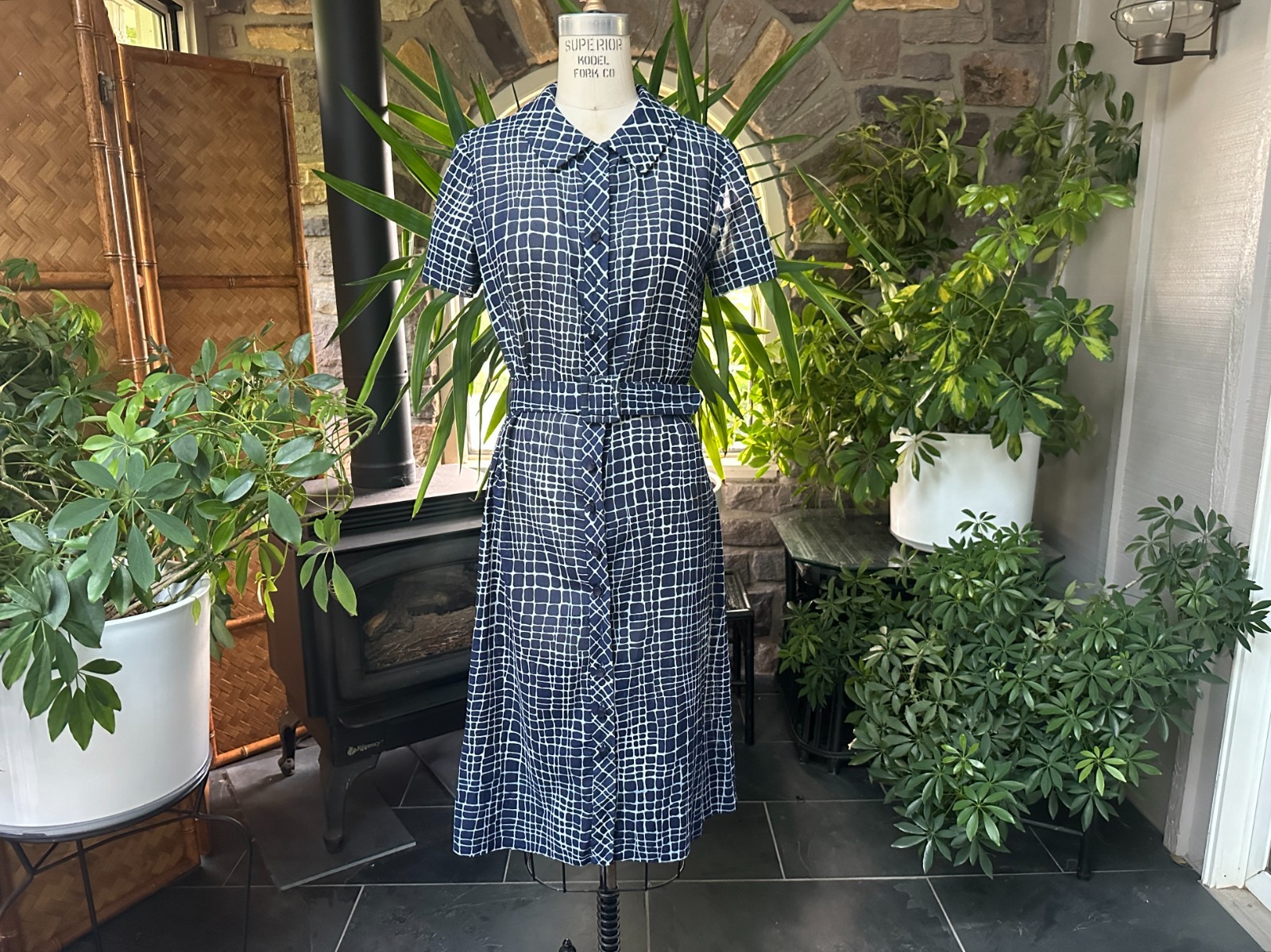 Vintage 1950s Blue and White Cotton Alligator Print Button Front Belted Dress Mc