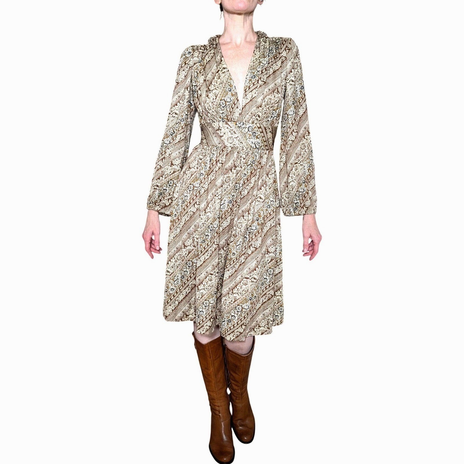 Joy Stevens California Vintage 70s Dress Brown Floral Midi Long Sleeve Boho S/M