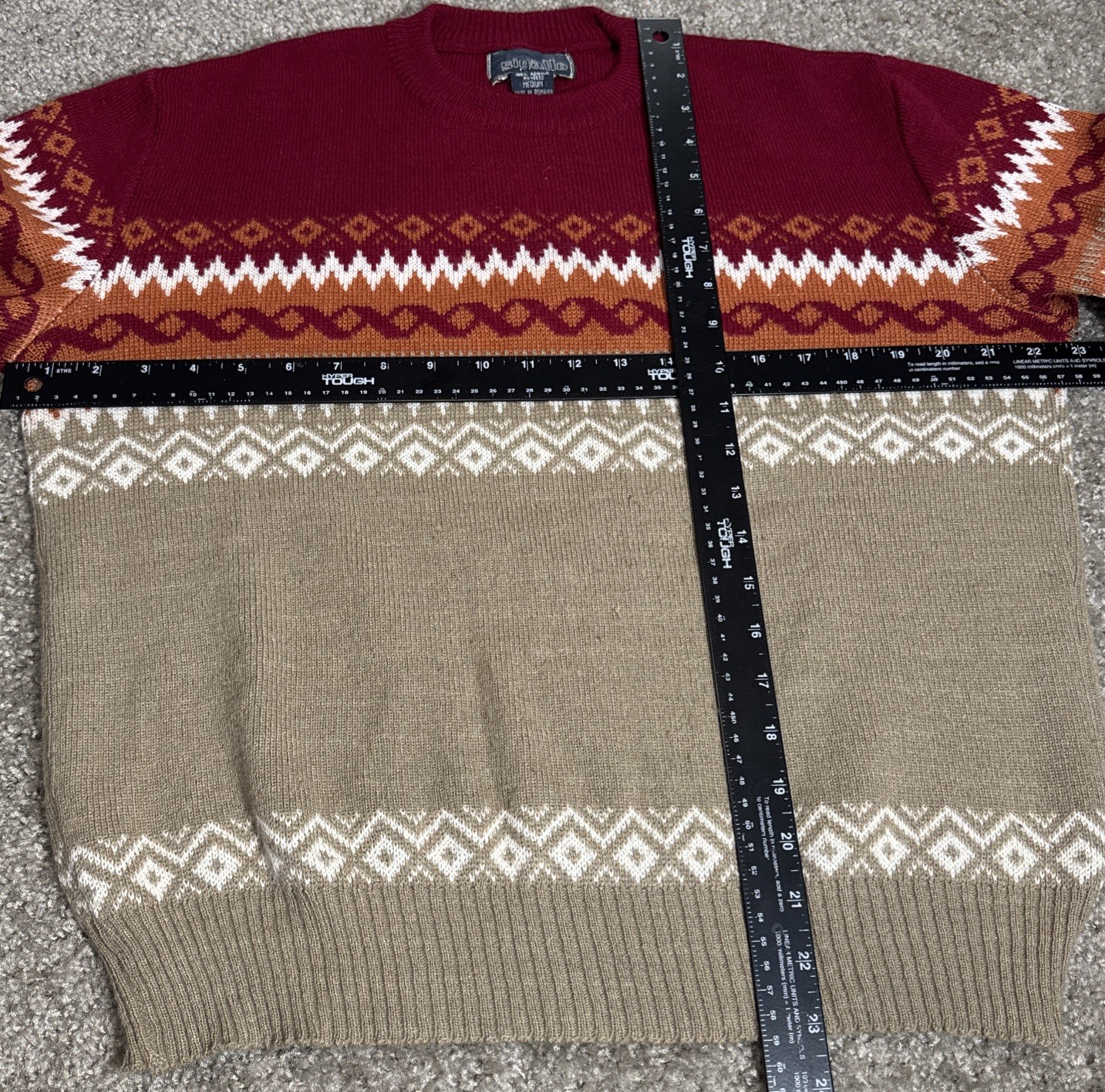 Vintage 1970s Sigallo Geometric Pattern Red Orange Acrylic Knit Sweater Boho Med