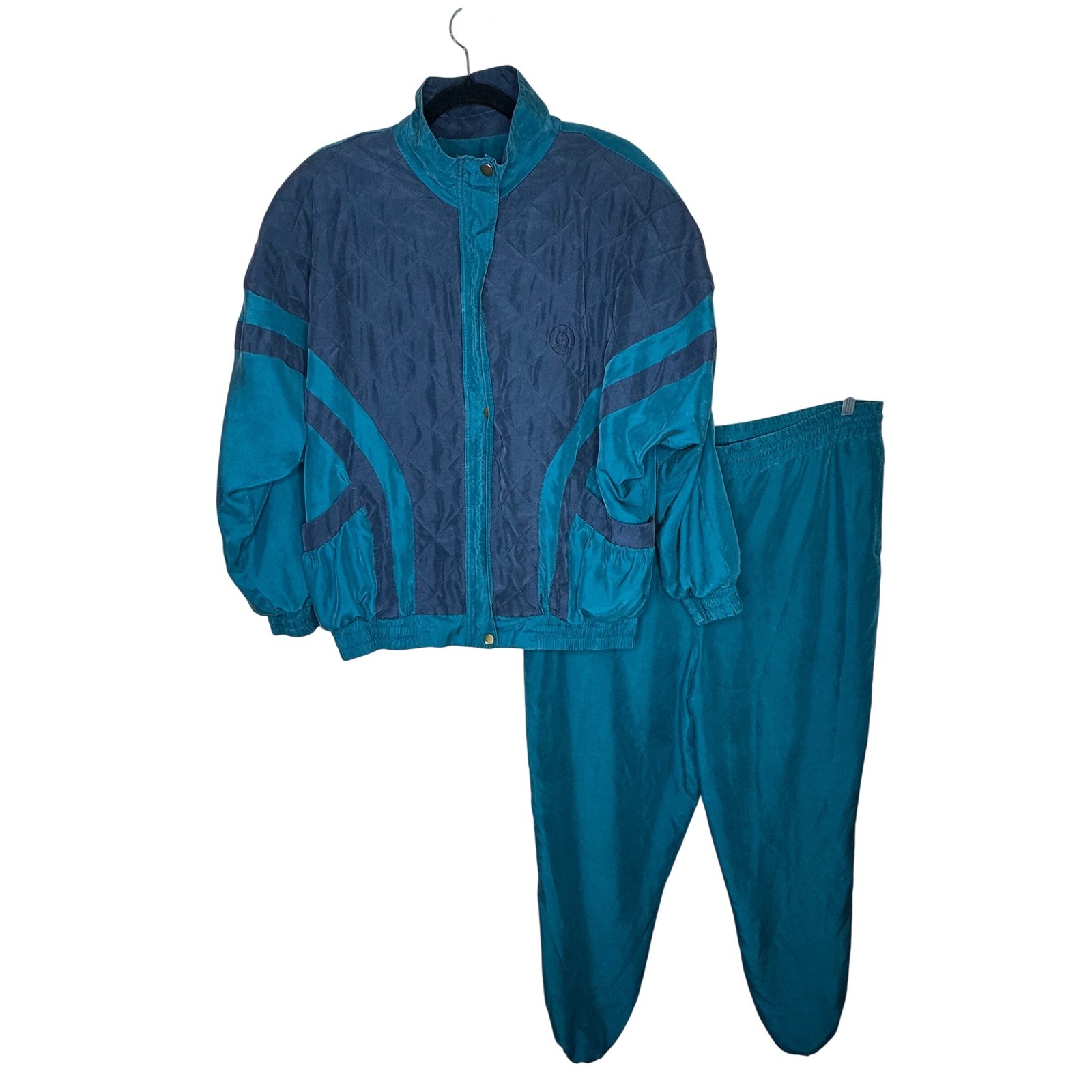 J G HOOK Vintage 100% Silk Track Suit Medium Teal Blue Quilted Jacket Pants Set