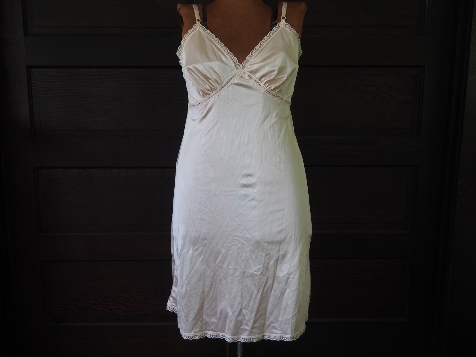 VTG 60s 70s Sears Cappuccino Plunge Neck Satin Lingerie Midi Slip Dress Sz 38