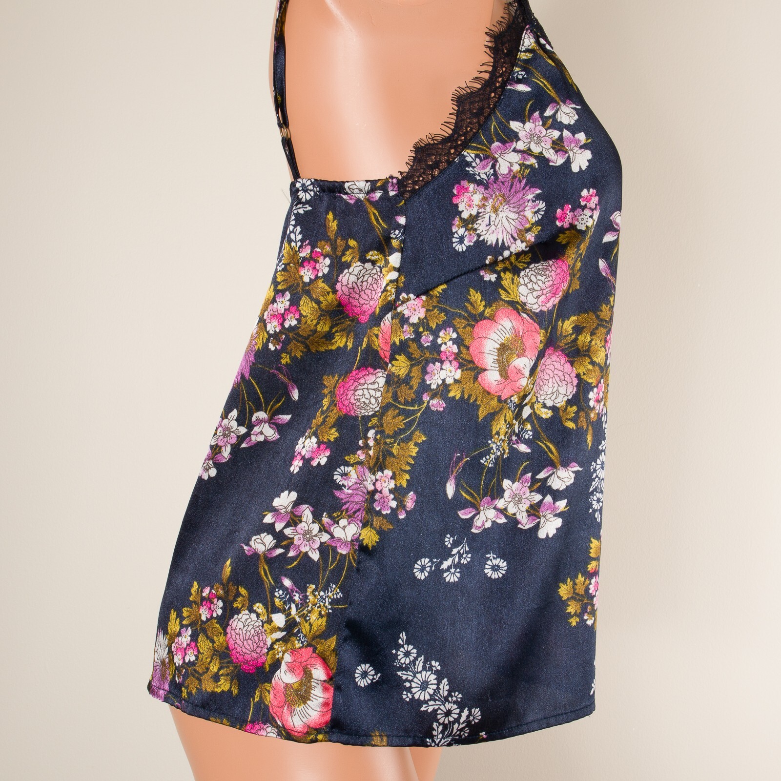 💖JAPNA Tank Top Cami Dark Blue Floral Silky Satin Adjustable Strap Lace Trim S