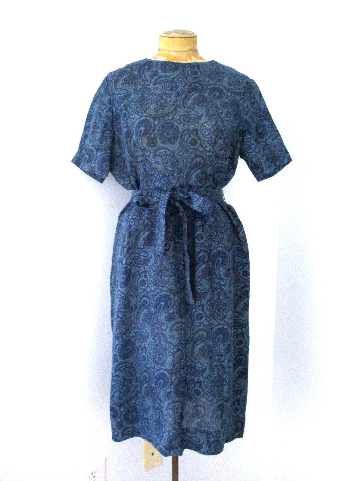Vtg 50s 60s Blue Black Mosaic Paisley Tweedy Sheath Day Dress Tie Belt L/XL