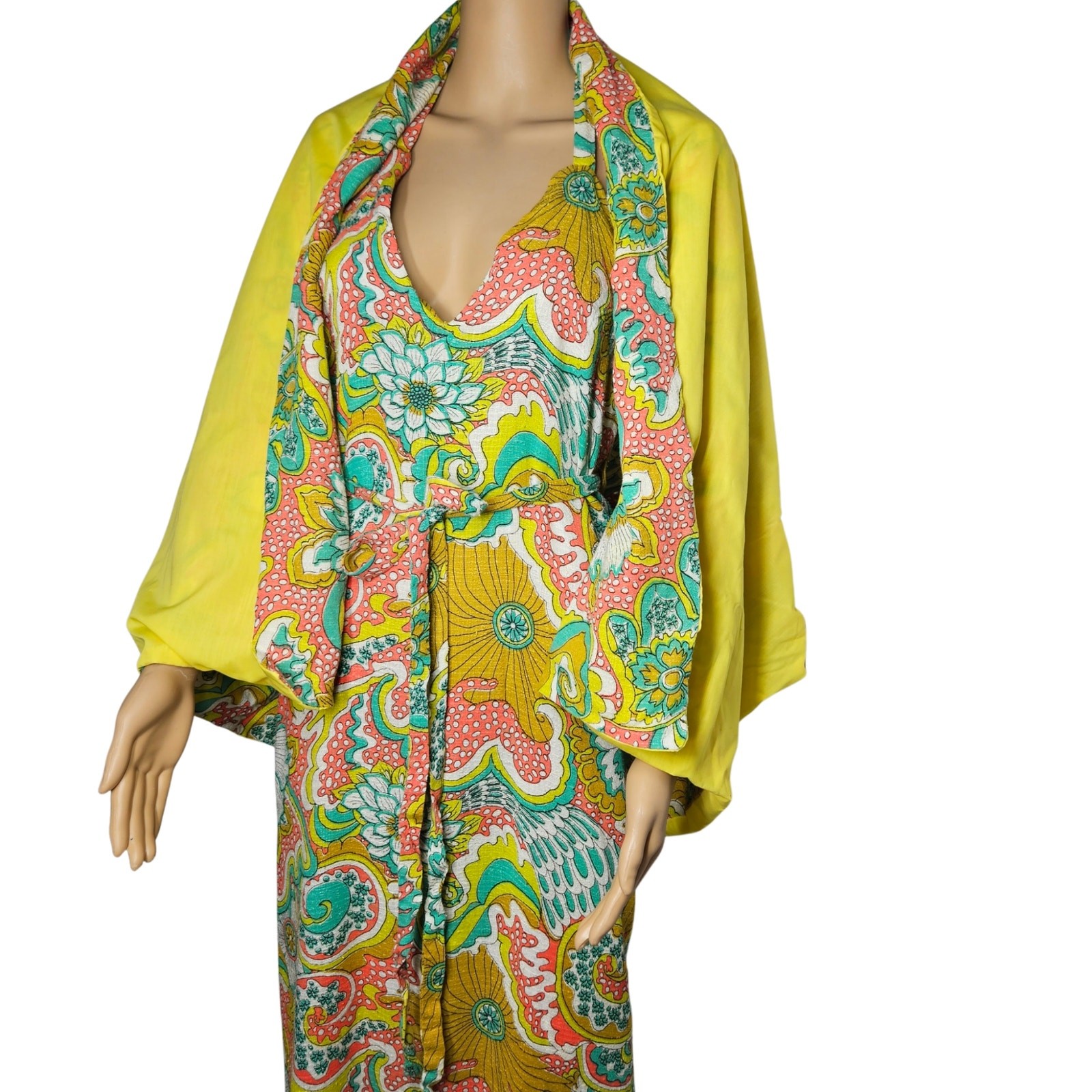 70s Wrap Maxi Dress Yellow Handmade Floral Vintage Strappy Backless 2 pc Size S
