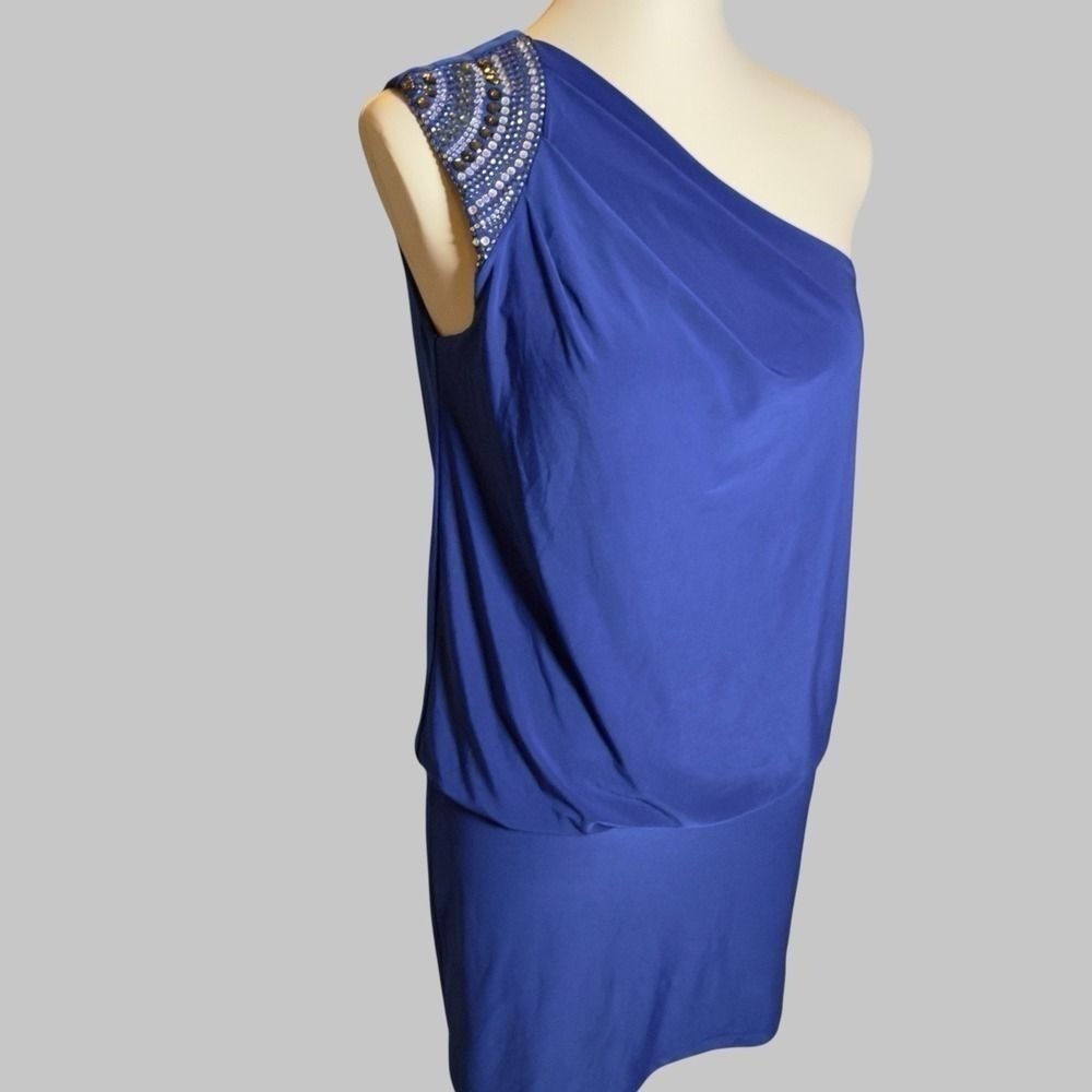 Vintage 1990’s Cache One Shoulder Cobalt Blue Dress With Embellished Shoulder