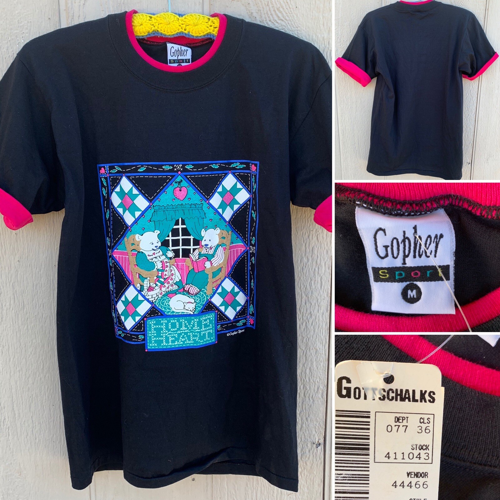 Vintage Home Heart T-Shirt Bear Bears Quilt Reading Cat M 80s 90s Gopher Sport