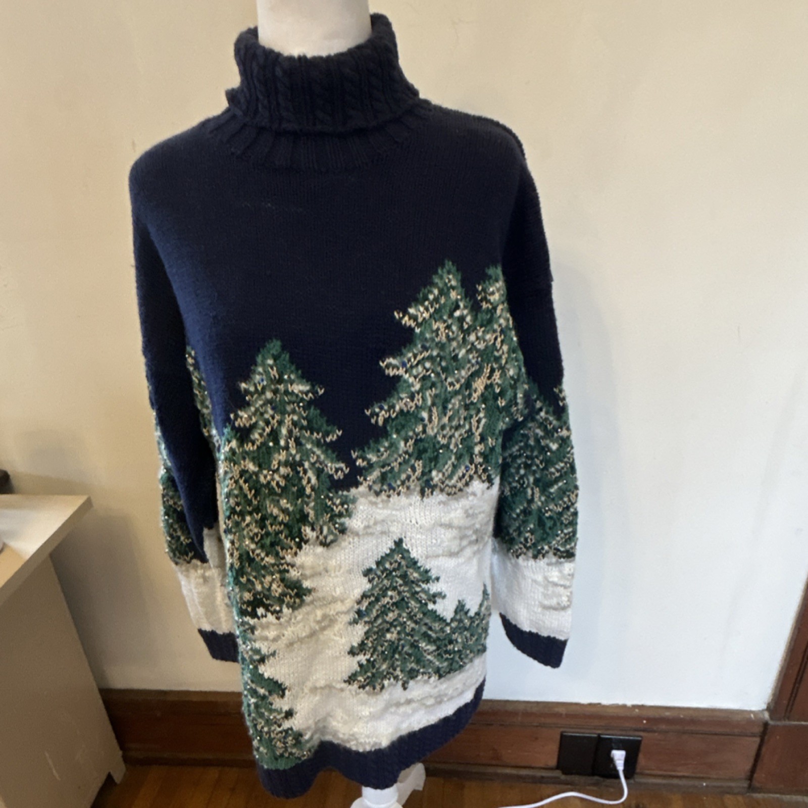 Marisa Christina Christmas Collection 1995 Vintage Sweater L Navy Green White