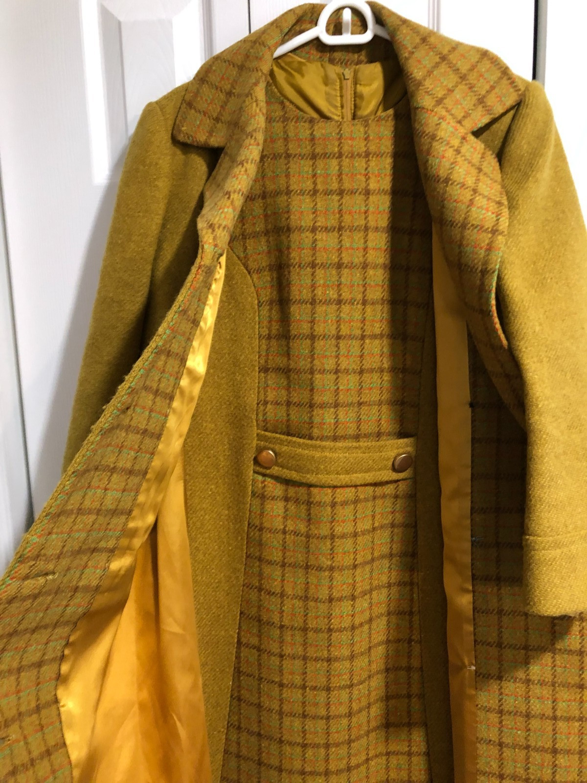 Vintage 1960s Women’s Wool Plaid Coat & Matching A-Line Dress see measurements