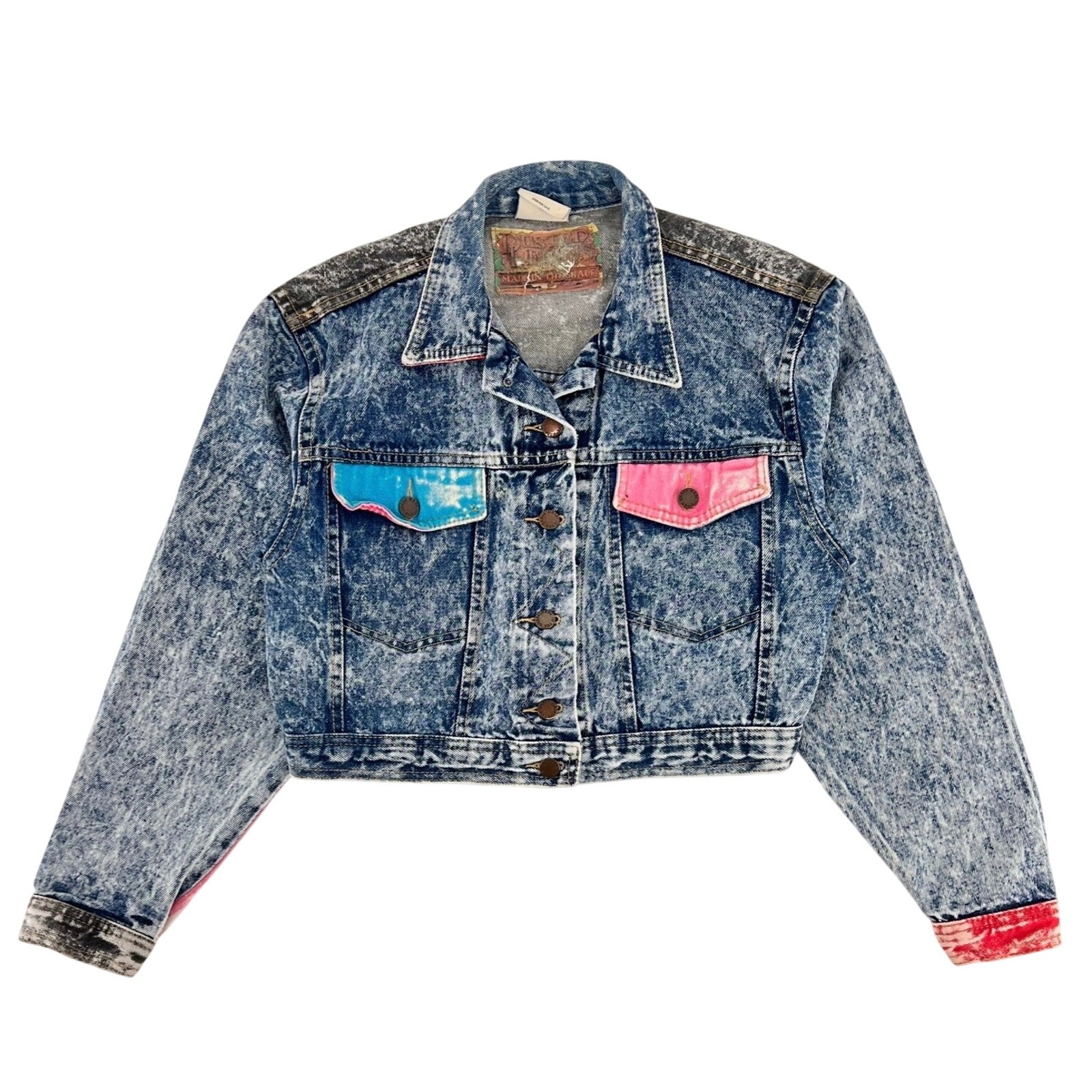80s Cropped New Wave Acid Wash Jean Jacket Neon Color Block 1980s Vintage