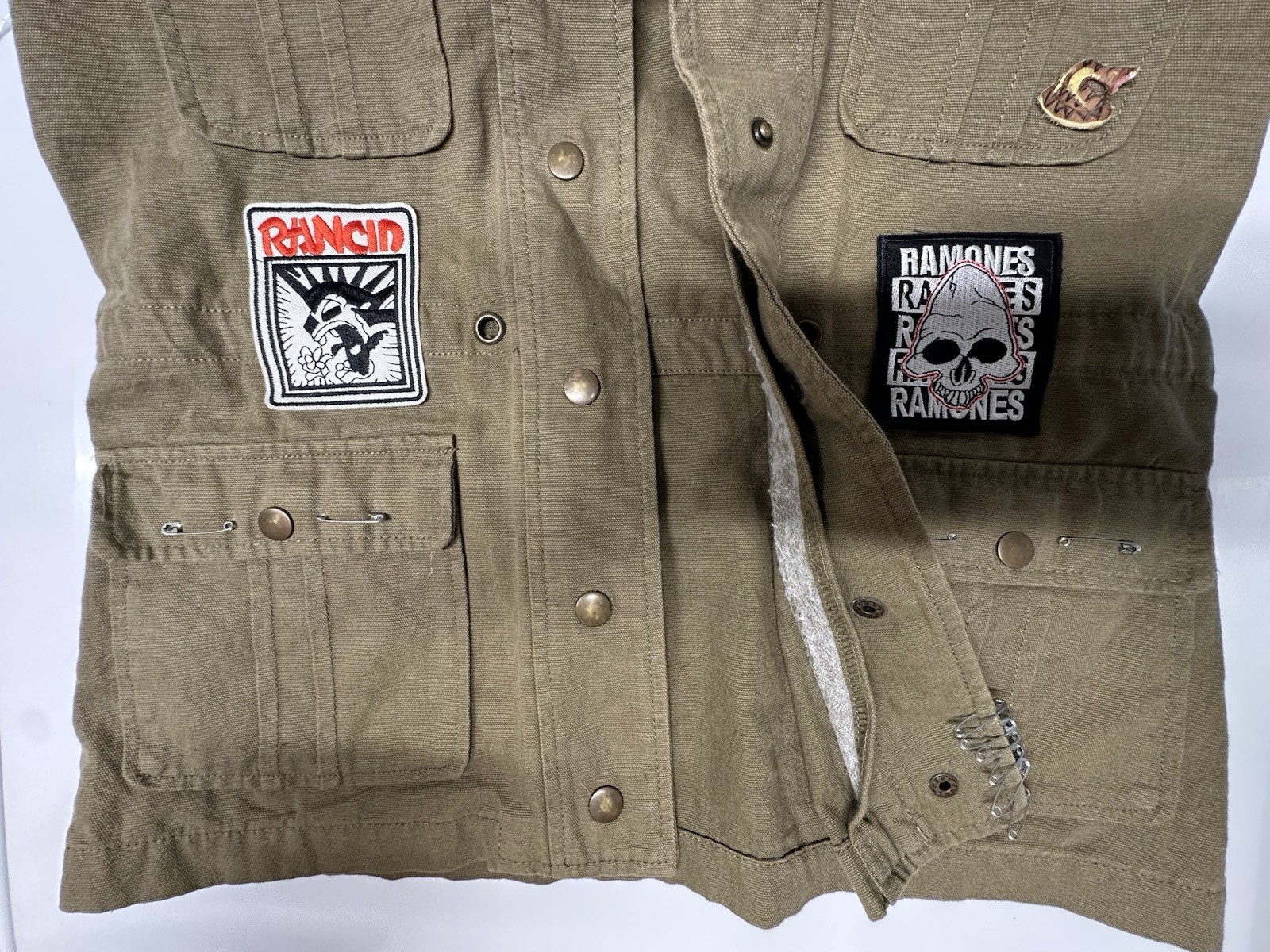 Ramones Rancid Khaki Utility Vest Patches Safety Pins Added Punk Clothes
