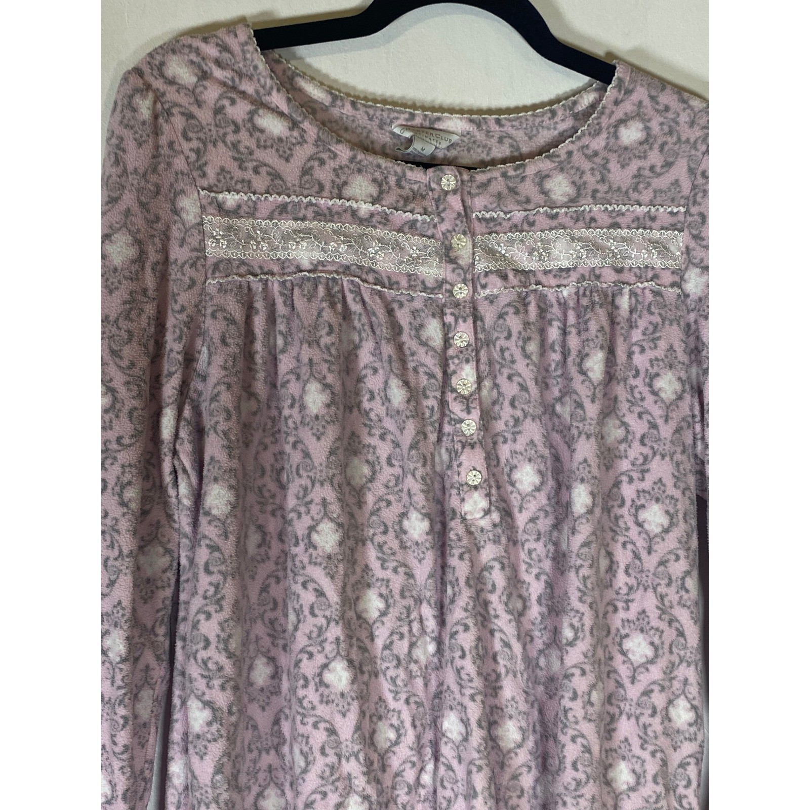 Vintage Grandmacore Pink Flannel Nightgown Lace Trim Button Front Cottagecore M