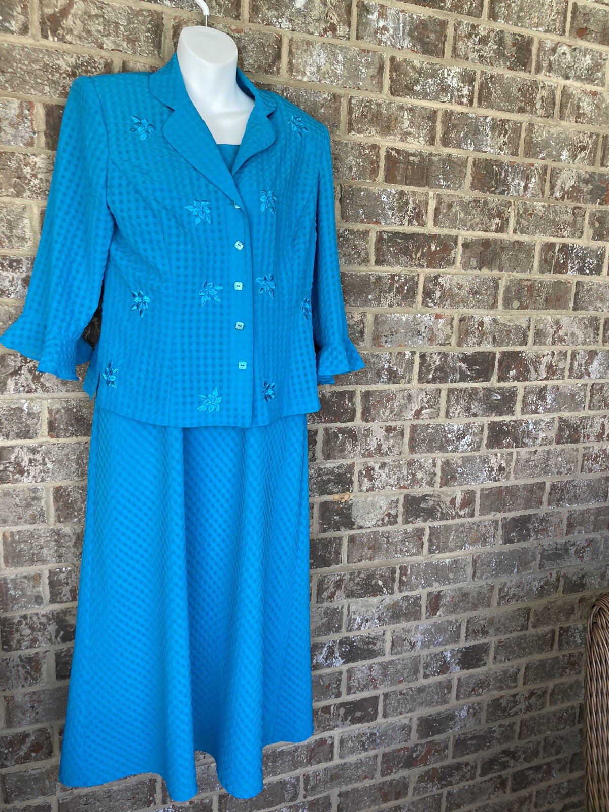 Vintage Plaza Collection Two Piece Dress Sheath And Jacket Set Size 10 Aqua Blue